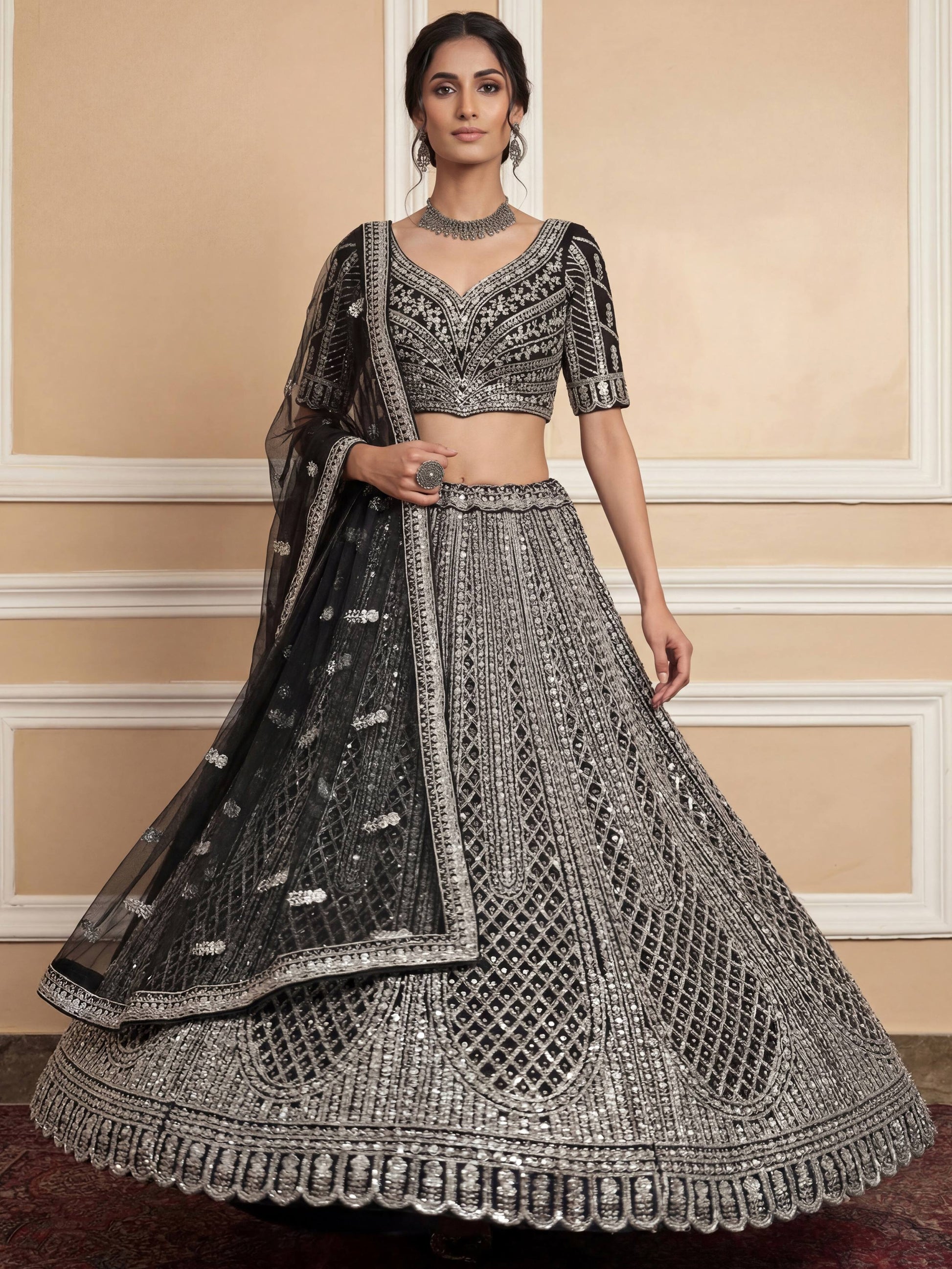 Remarkable Black Sequins Net Party Wear Lehenga Choli With Dupatta