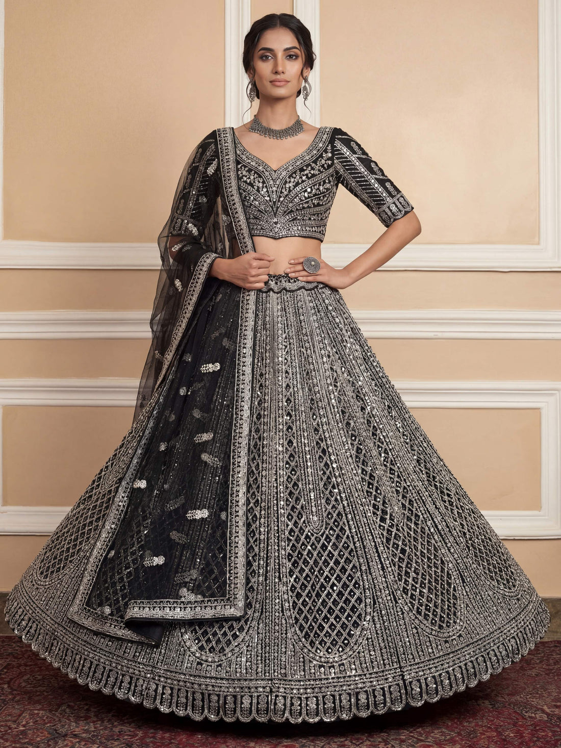 Remarkable Black Sequins Net Party Wear Lehenga Choli With Dupatta