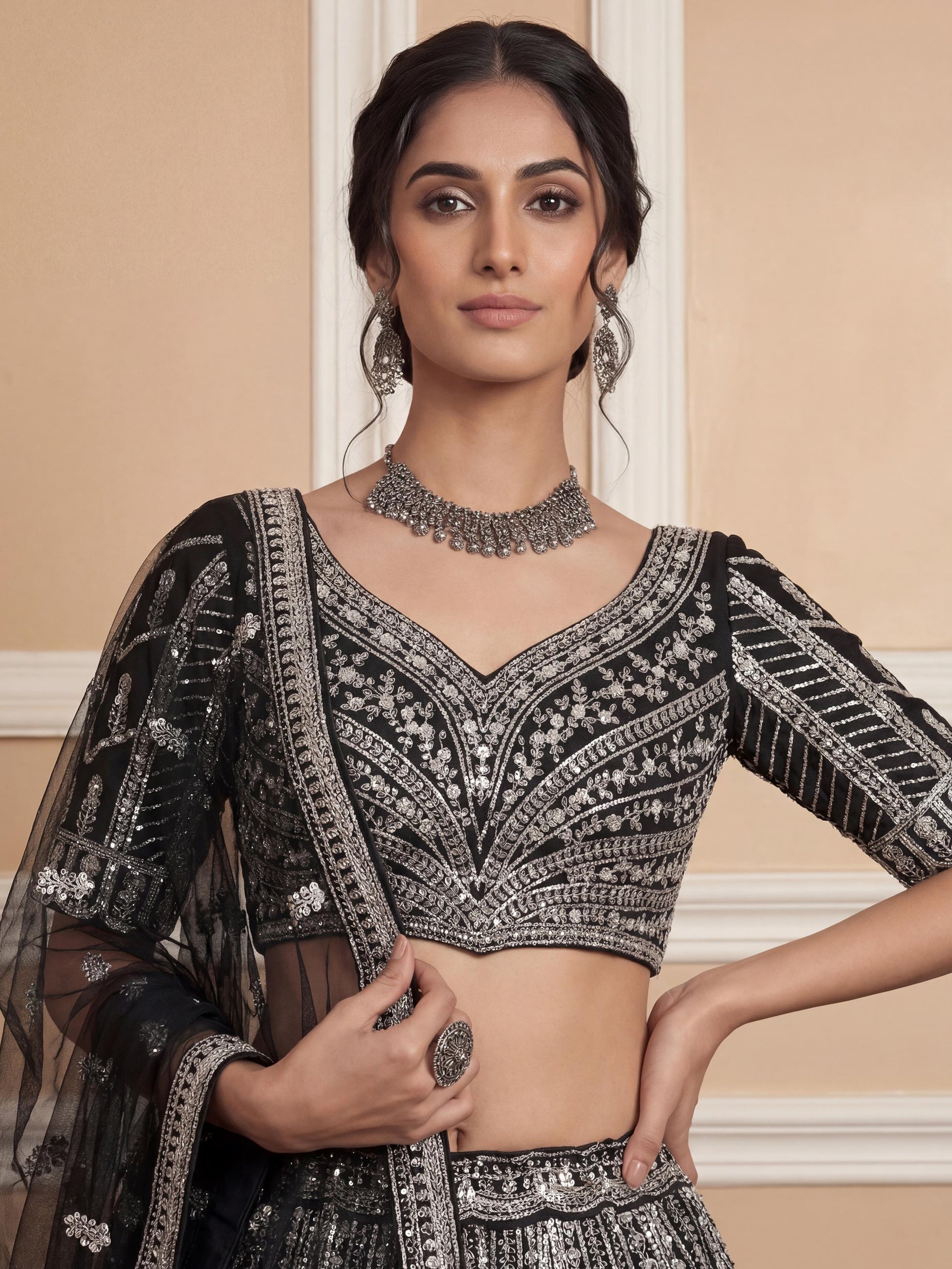 Remarkable Black Sequins Net Party Wear Lehenga Choli With Dupatta