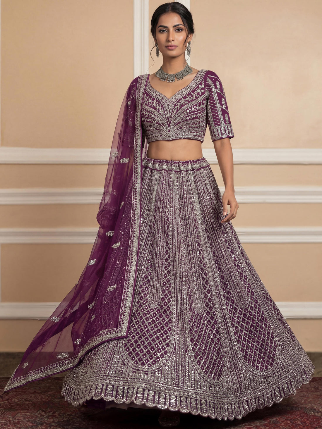 Graceful Purple Thread Embroidery Net Reception Wear Lehenga With Blouse