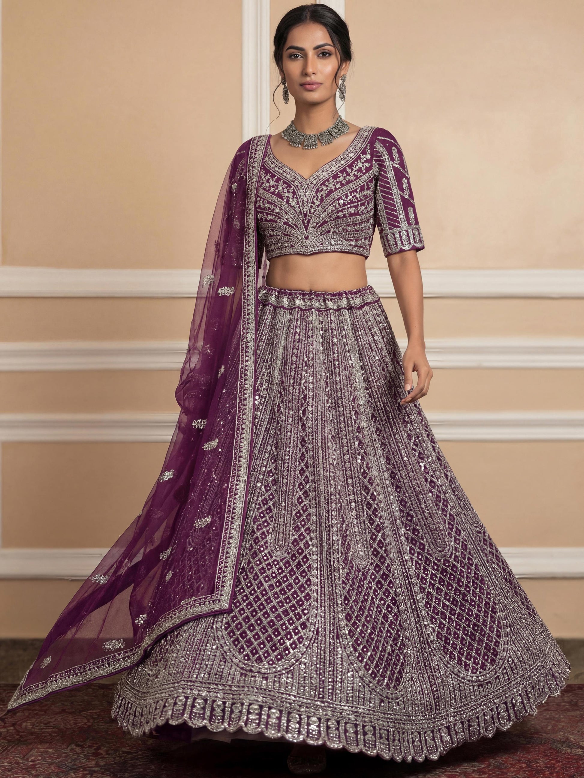 Graceful Purple Thread Embroidery Net Reception Wear Lehenga With Blouse