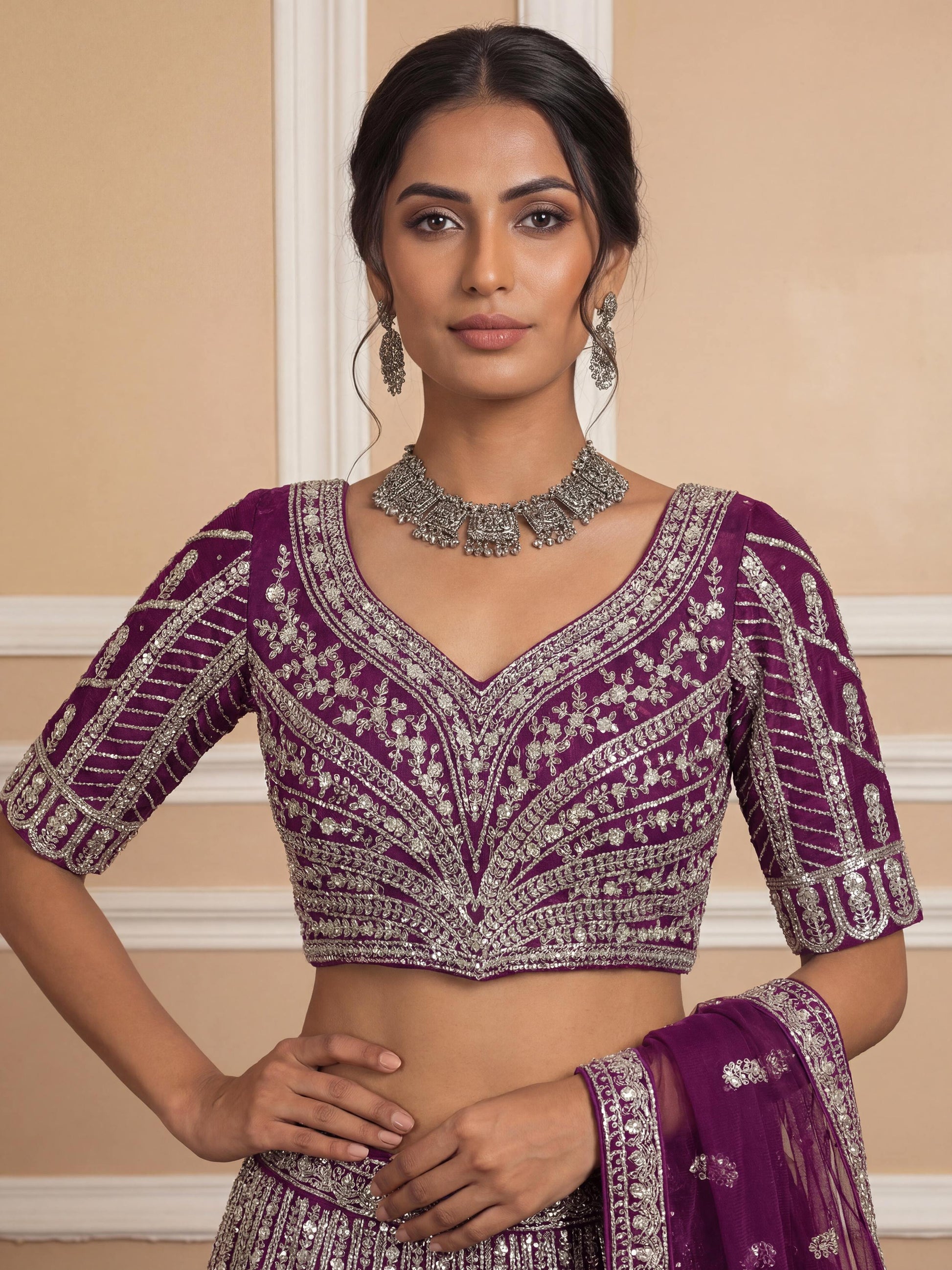 Graceful Purple Thread Embroidery Net Reception Wear Lehenga With Blouse