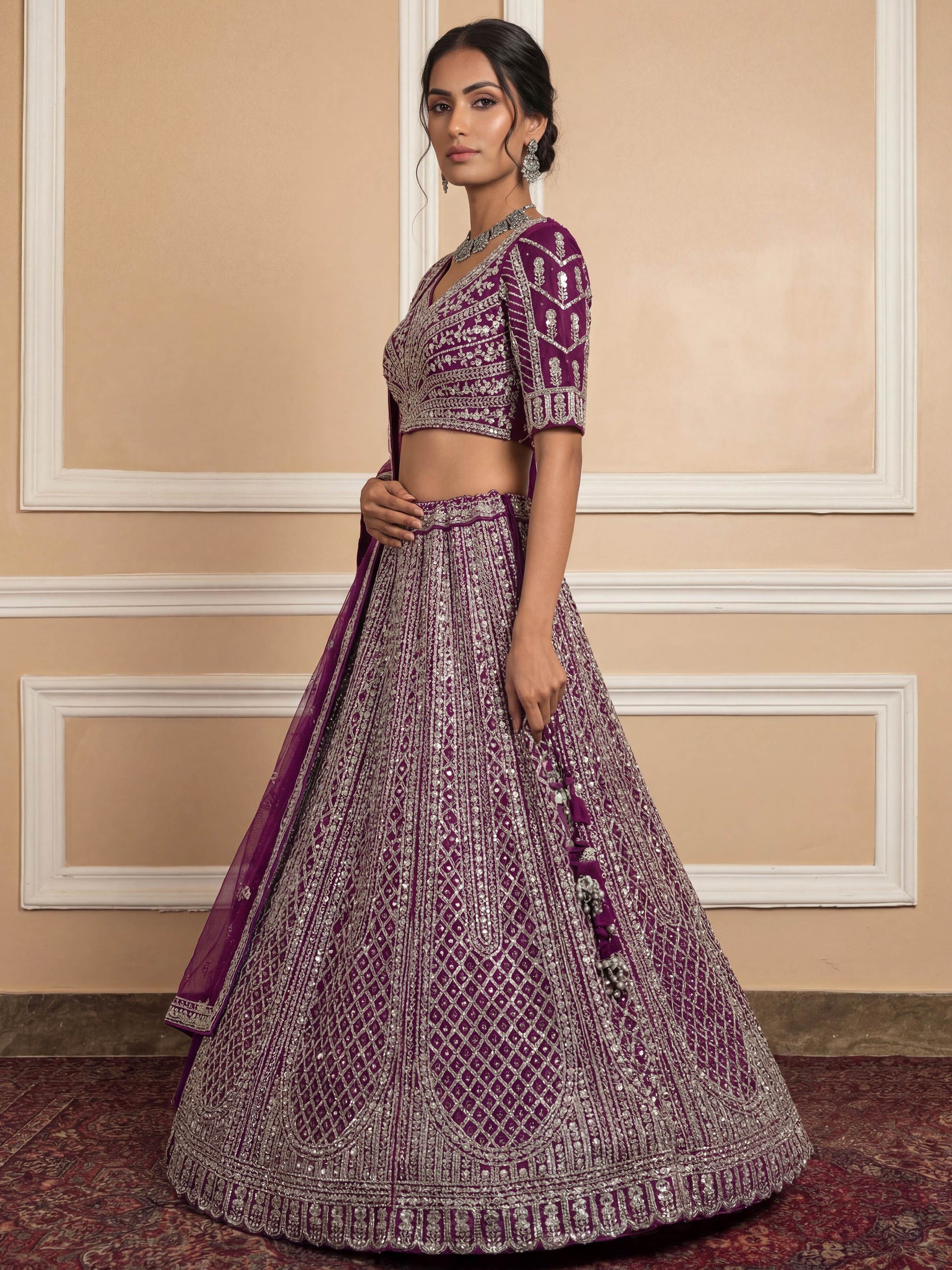 Graceful Purple Thread Embroidery Net Reception Wear Lehenga With Blouse