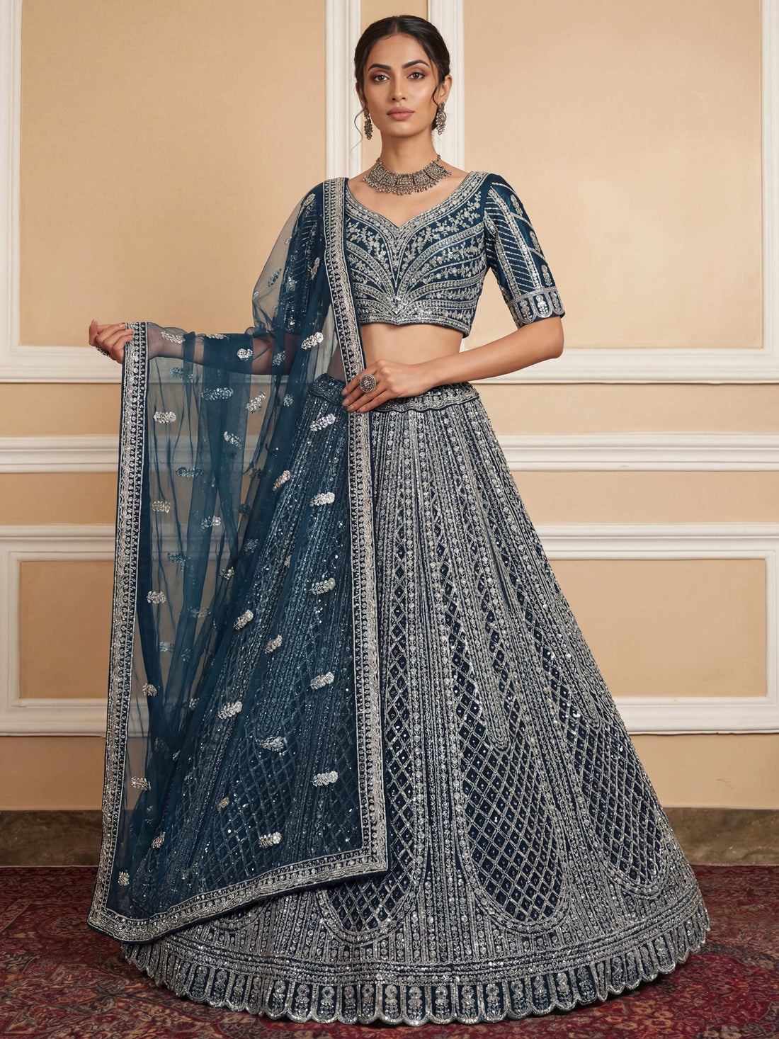 Sparkling Teal Blue Zircon Work Net Event Wear Lehenga Choli