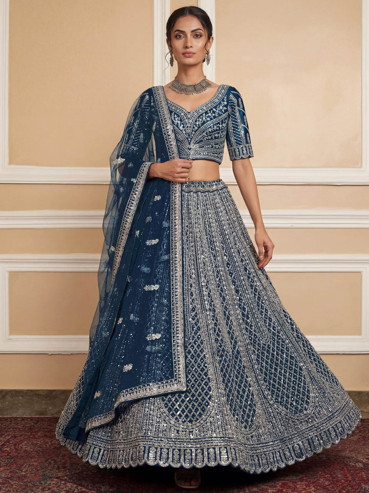 Sparkling Teal Blue Zircon Work Net Event Wear Lehenga Choli