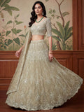 Spectacular Beige Thread Embroidery Net Bridesmaid Lehenga Choli With Dupatta
