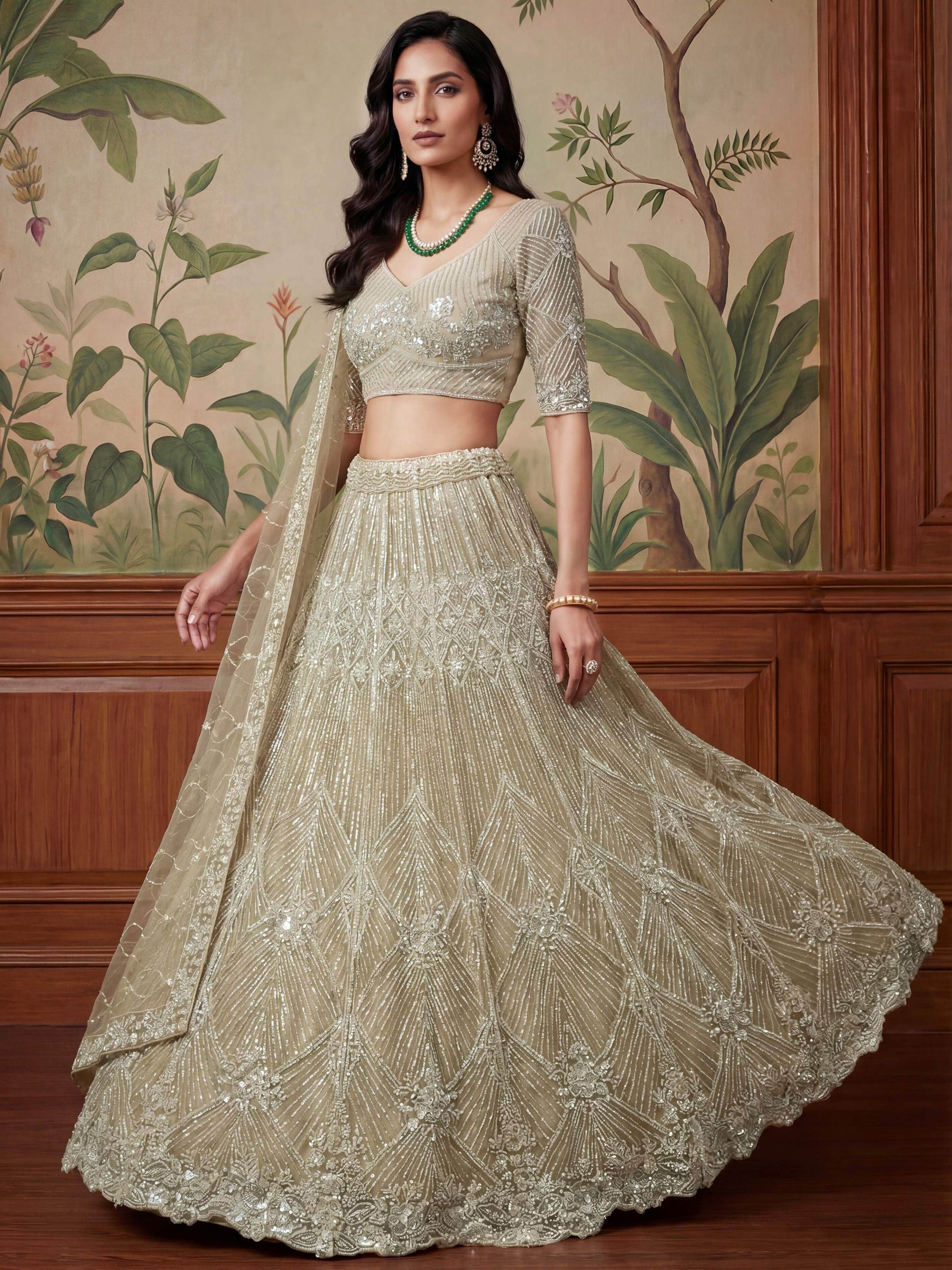 Spectacular Beige Thread Embroidery Net Bridesmaid Lehenga Choli With Dupatta