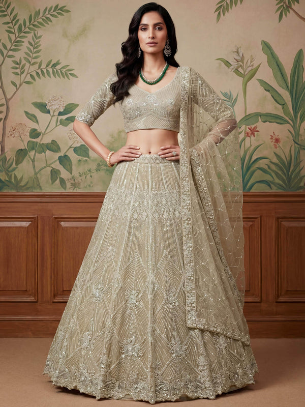 Spectacular Beige Thread Embroidery Net Bridesmaid Lehenga Choli With Dupatta