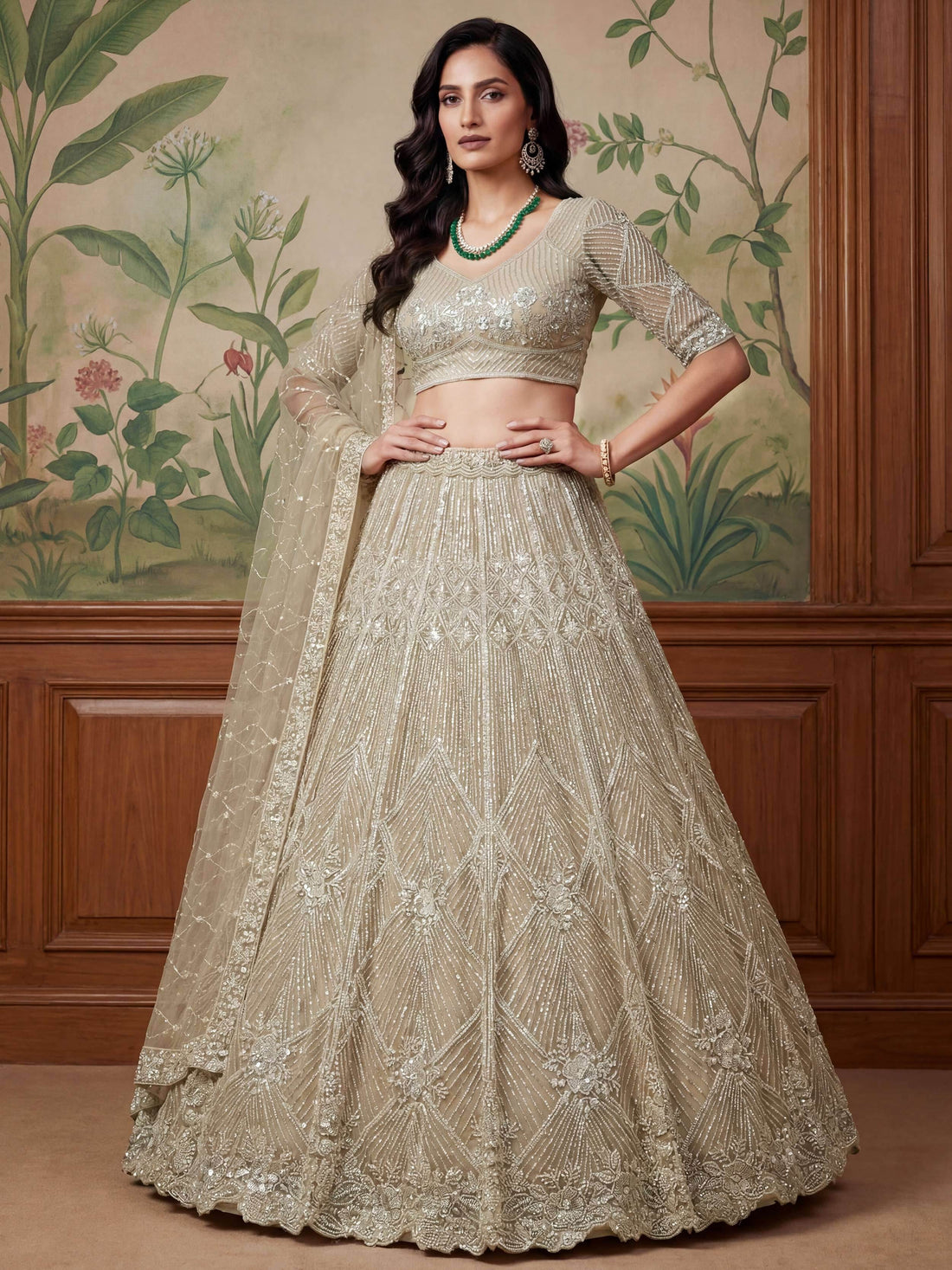 Spectacular Beige Thread Embroidery Net Bridesmaid Lehenga Choli With Dupatta