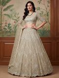 Spectacular Beige Thread Embroidery Net Bridesmaid Lehenga Choli With Dupatta