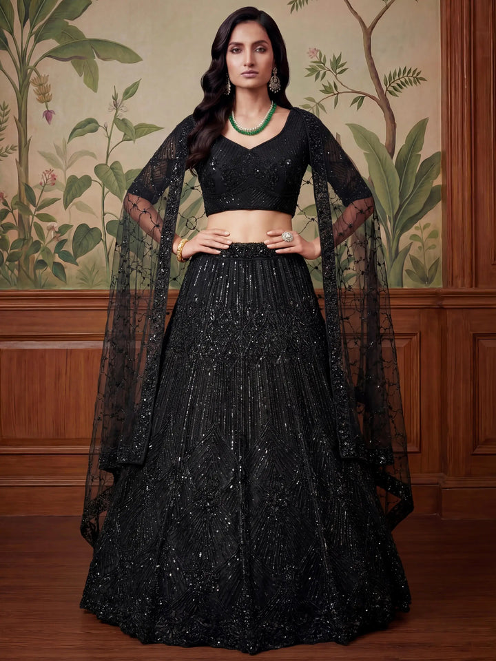 Stylish Black Sequins Net Sangeet Wear Lehenga Choli With Dupatta