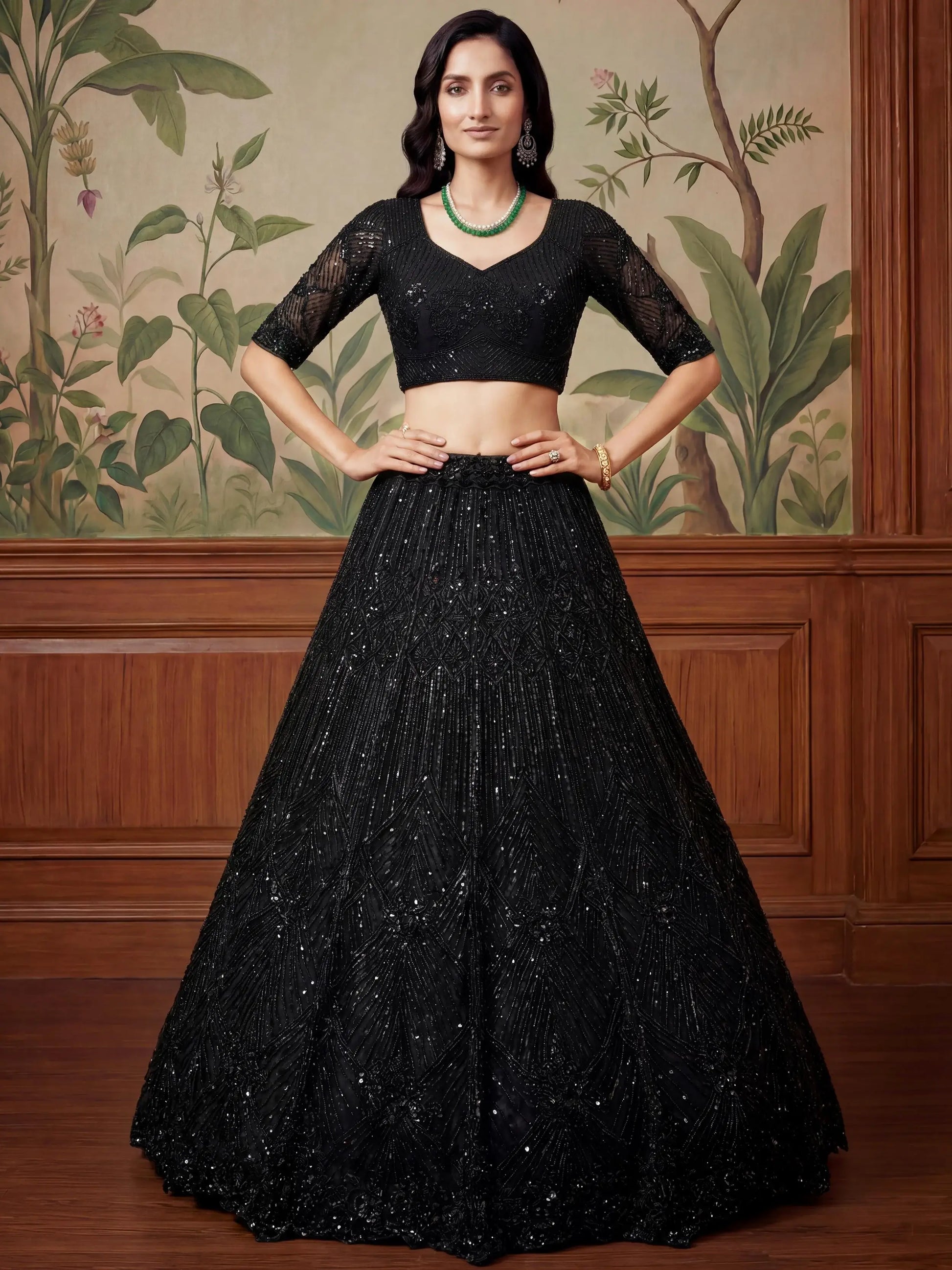 Stylish Black Sequins Net Sangeet Wear Lehenga Choli With Dupatta