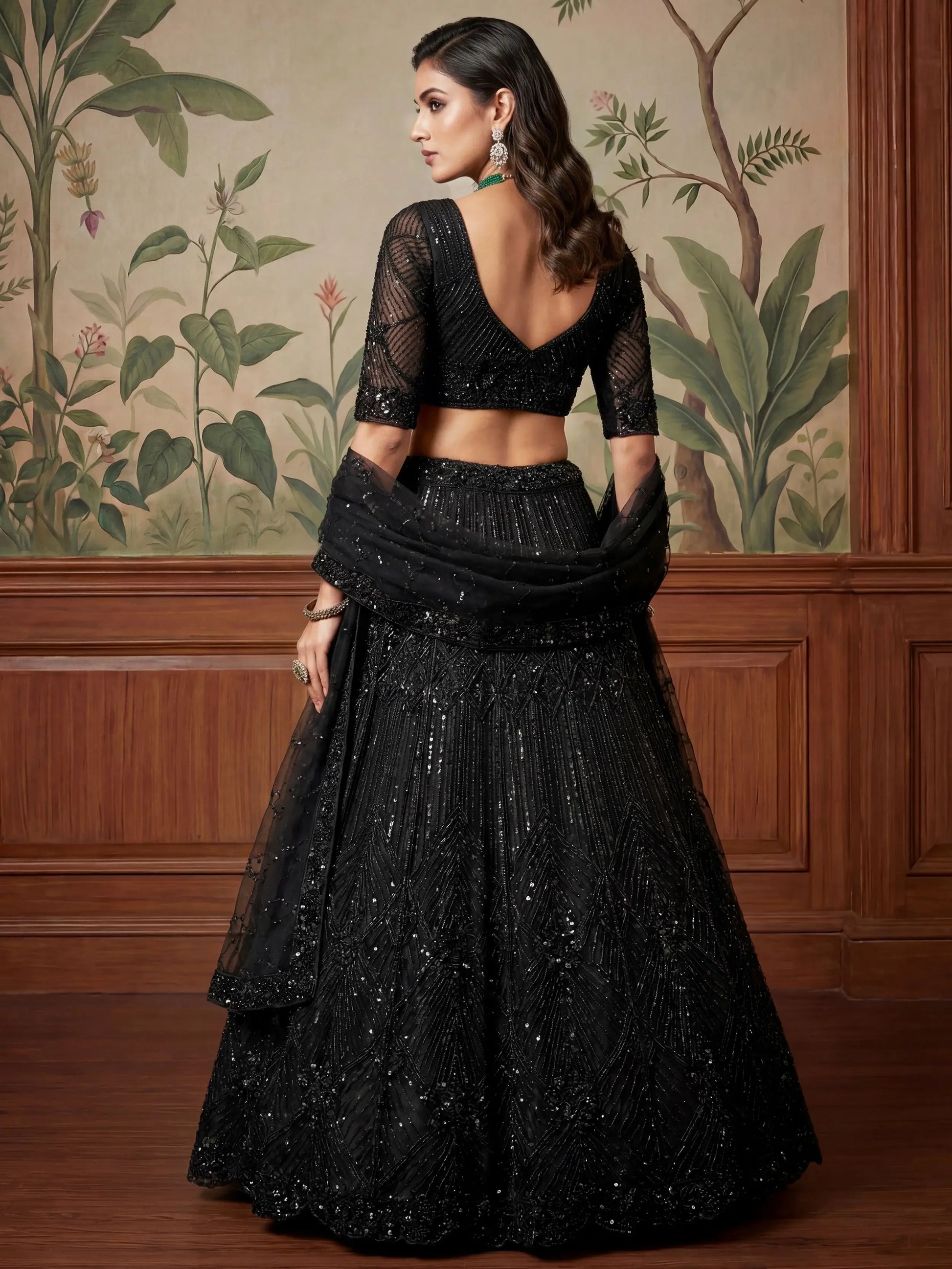 Stylish Black Sequins Net Sangeet Wear Lehenga Choli With Dupatta