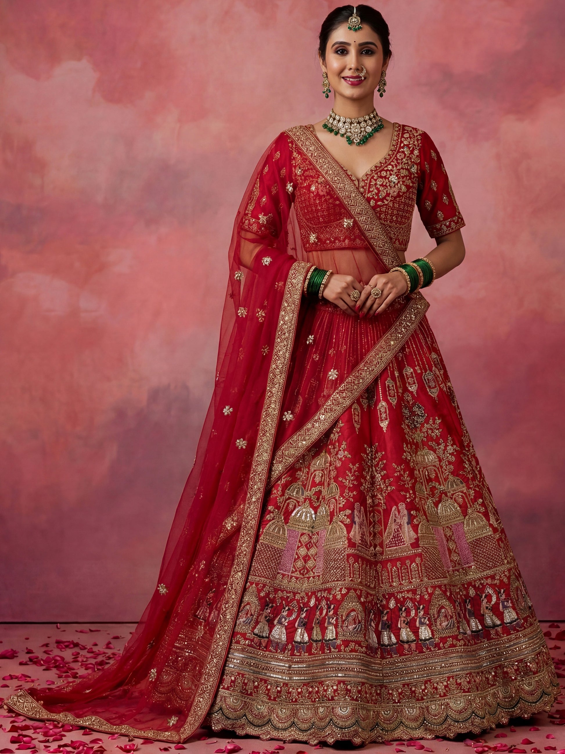 Lovely Red Hand Embroidery Silk Bridal Lehenga Choli With Double Dupatta