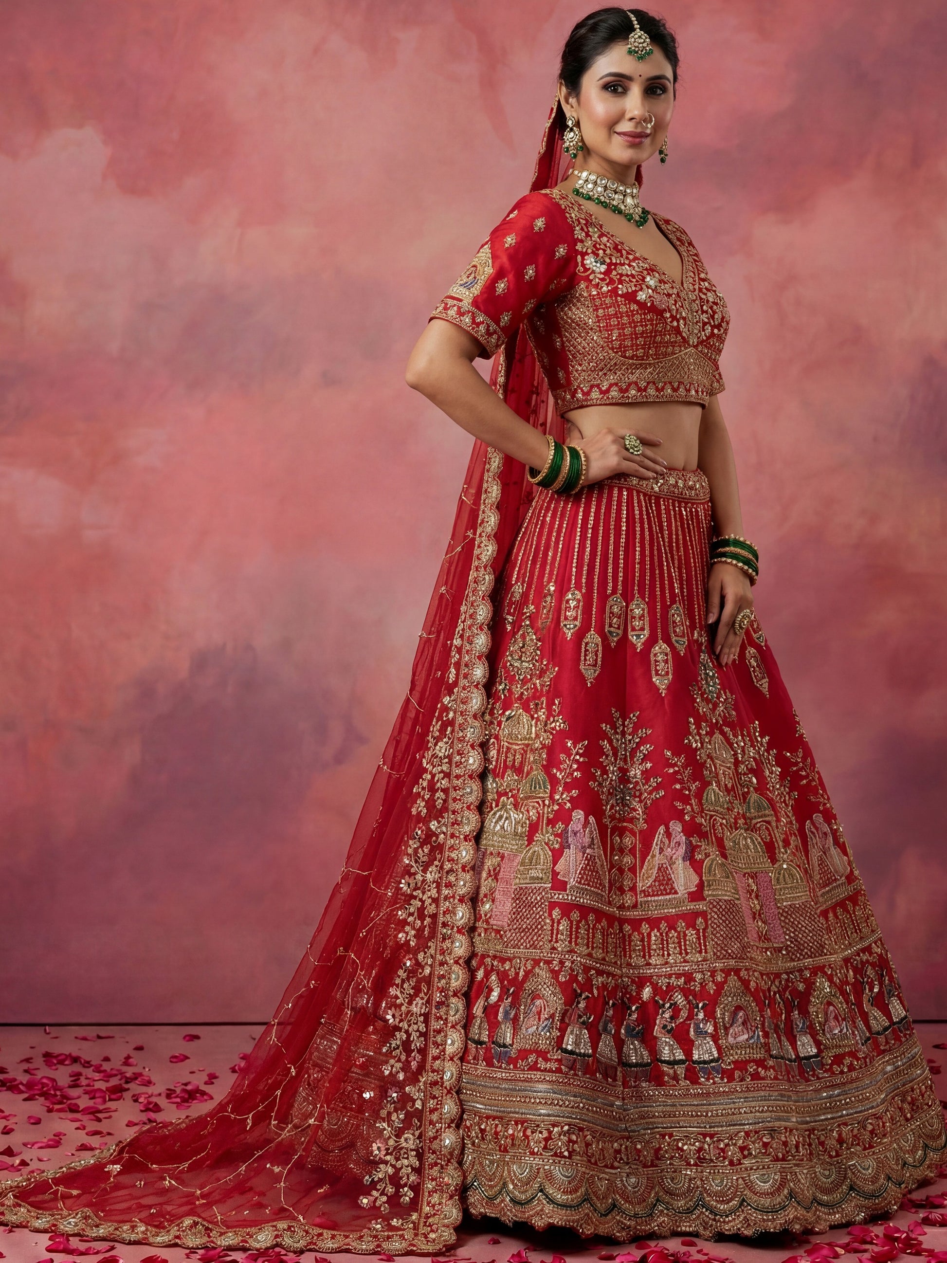 Lovely Red Hand Embroidery Silk Bridal Lehenga Choli With Double Dupatta