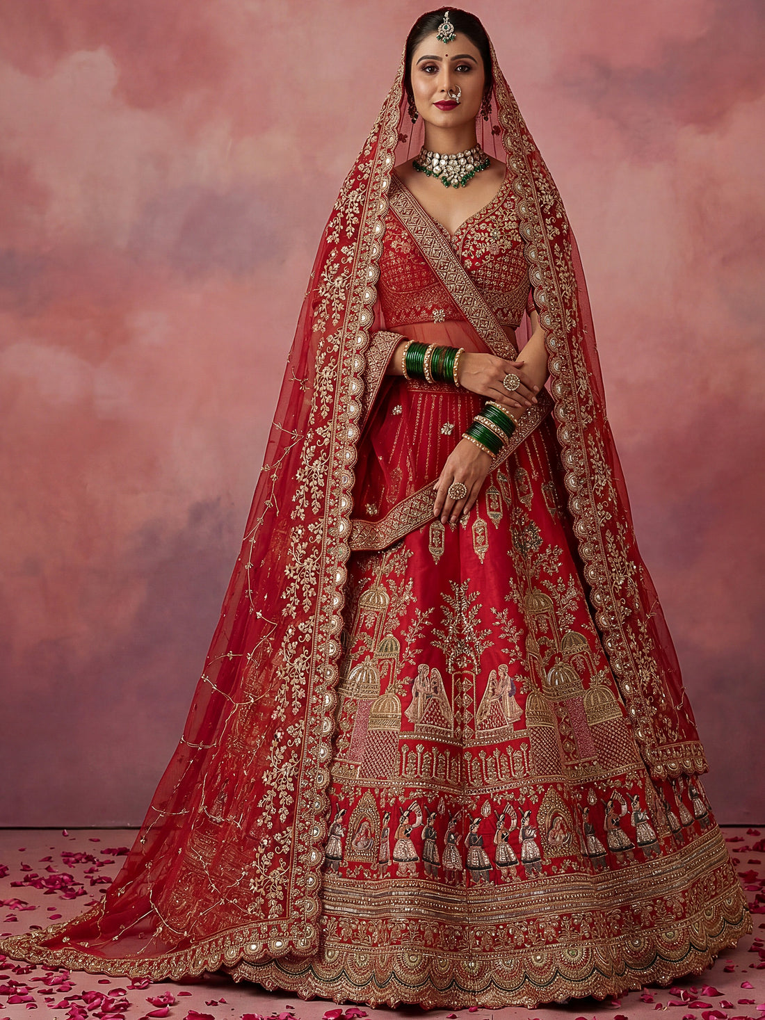 Lovely Red Hand Embroidery Silk Bridal Lehenga Choli With Double Dupatta