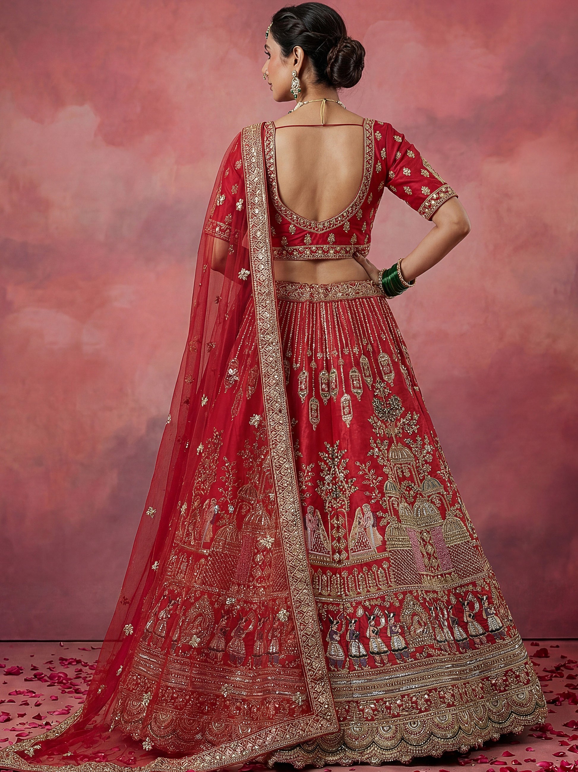Lovely Red Hand Embroidery Silk Bridal Lehenga Choli With Double Dupatta