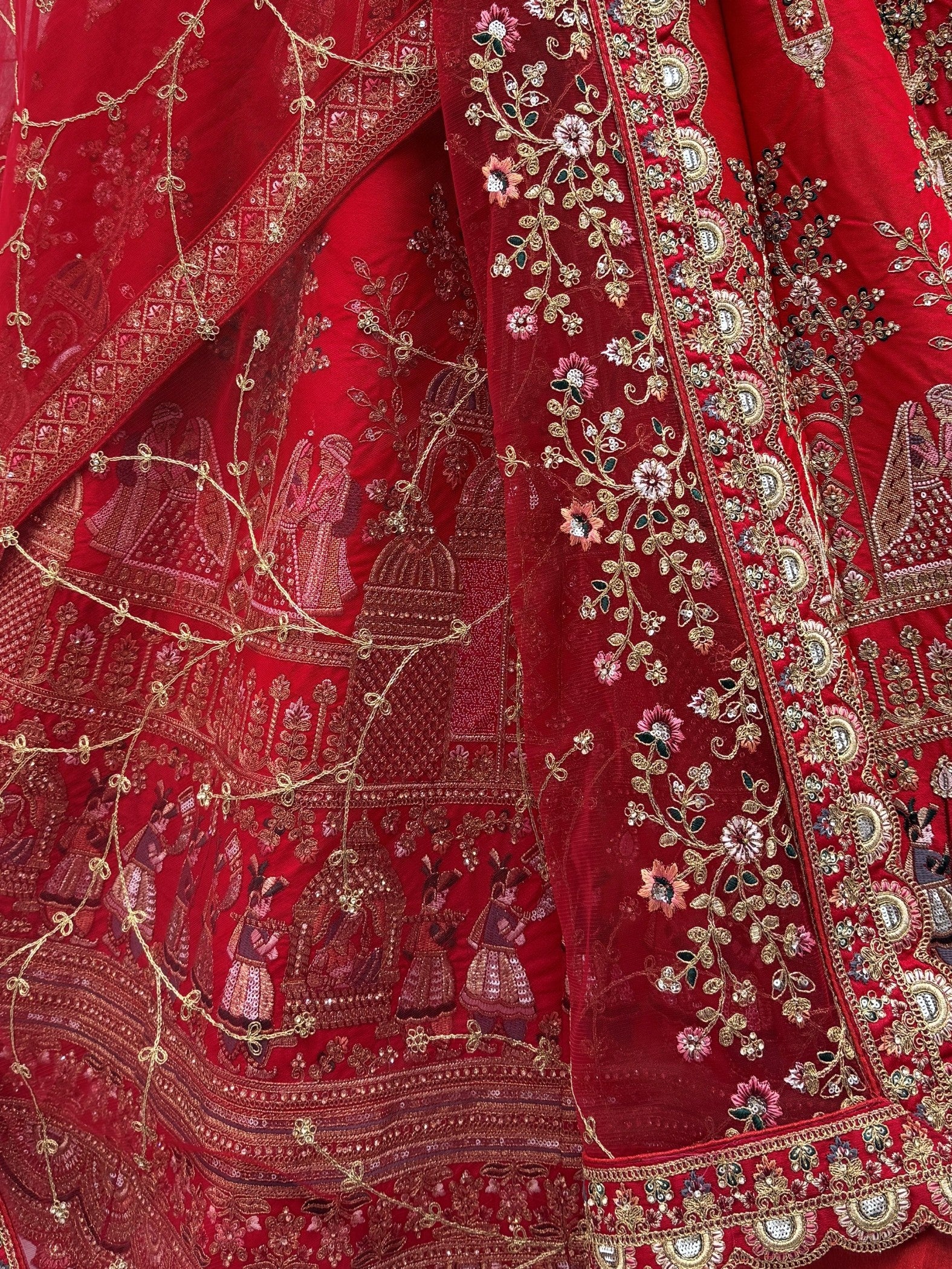 Lovely Red Hand Embroidery Silk Bridal Lehenga Choli With Double Dupatta