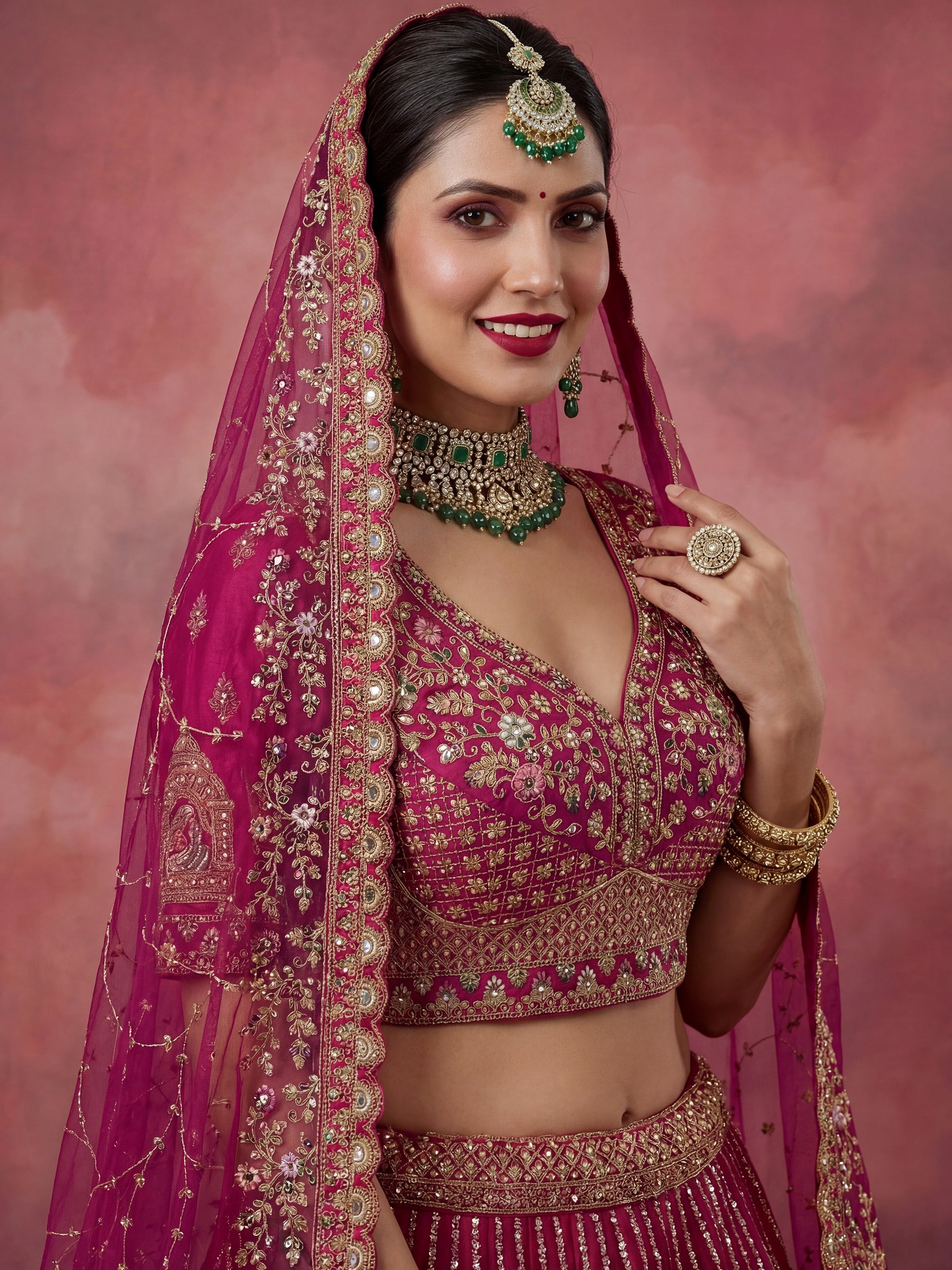 Pretty Pink Zari Embroidery Silk Bridal Lehenga Choli With Double Dupatta