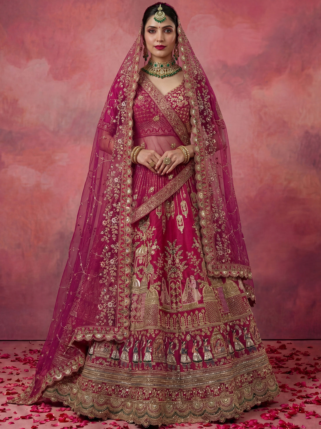 Pretty Pink Zari Embroidery Silk Bridal Lehenga Choli With Double Dupatta