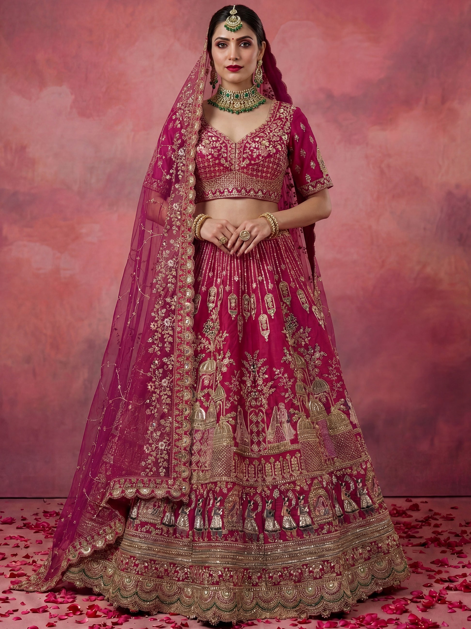 Pretty Pink Zari Embroidery Silk Bridal Lehenga Choli With Double Dupatta