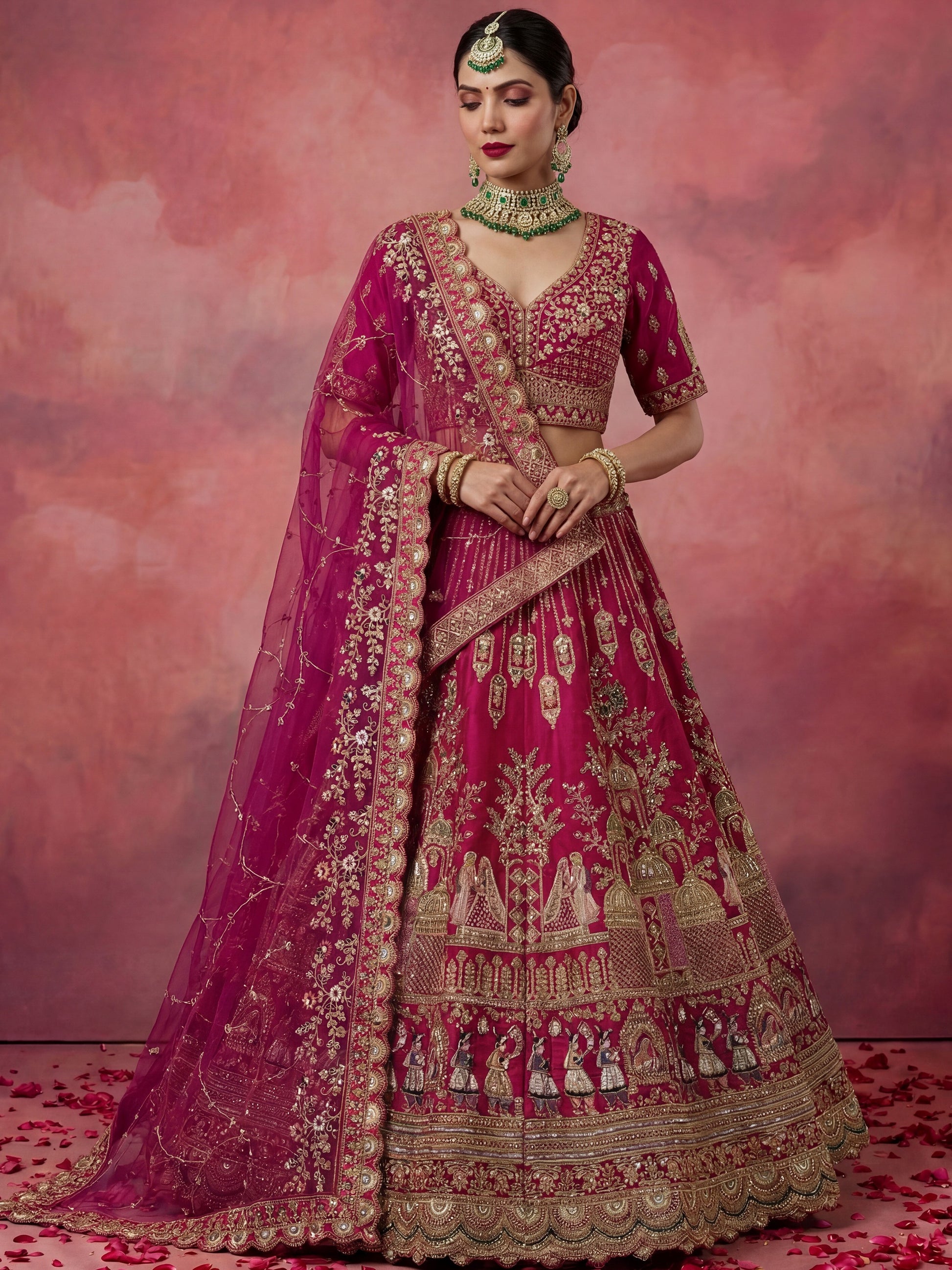 Pretty Pink Zari Embroidery Silk Bridal Lehenga Choli With Double Dupatta