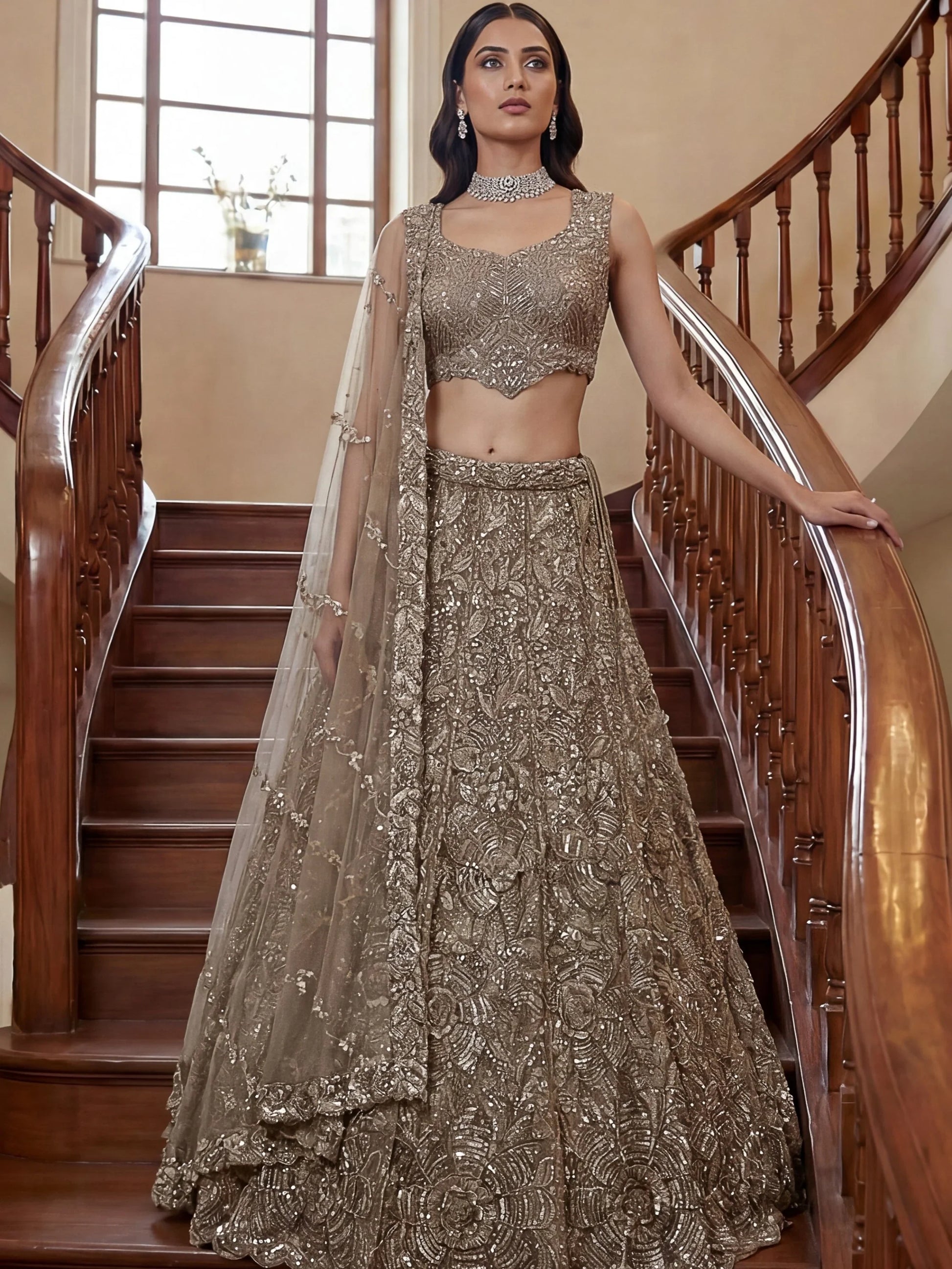 Sparkling Beige Thread Embroidered Net Sangeet Wear Lehenga Choli