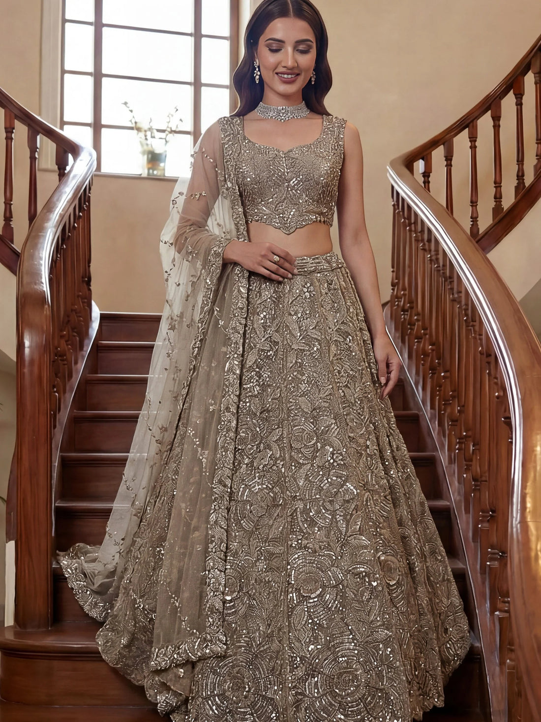 Sparkling Beige Thread Embroidered Net Sangeet Wear Lehenga Choli