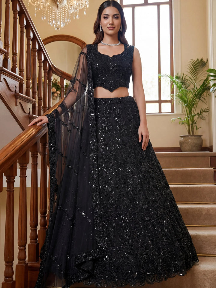 Sensational Black Heavy Embroidered Net Party Wear Lehenga Choli With Dupatta