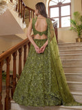 Rich Olive Green Sequins Embroidered Net Mehendi Wear Lehenga Choli With Dupatta