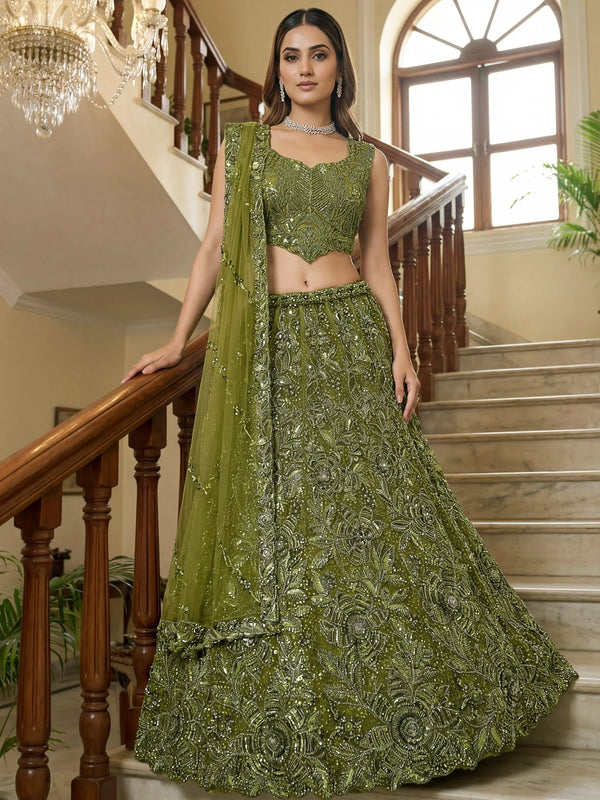Rich Olive Green Sequins Embroidered Net Mehendi Wear Lehenga Choli With Dupatta