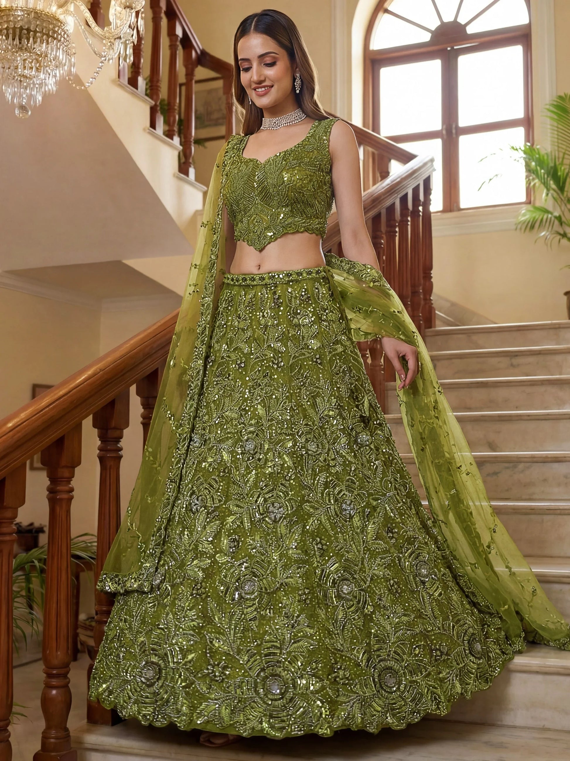 Rich Olive Green Sequins Embroidered Net Mehendi Wear Lehenga Choli With Dupatta