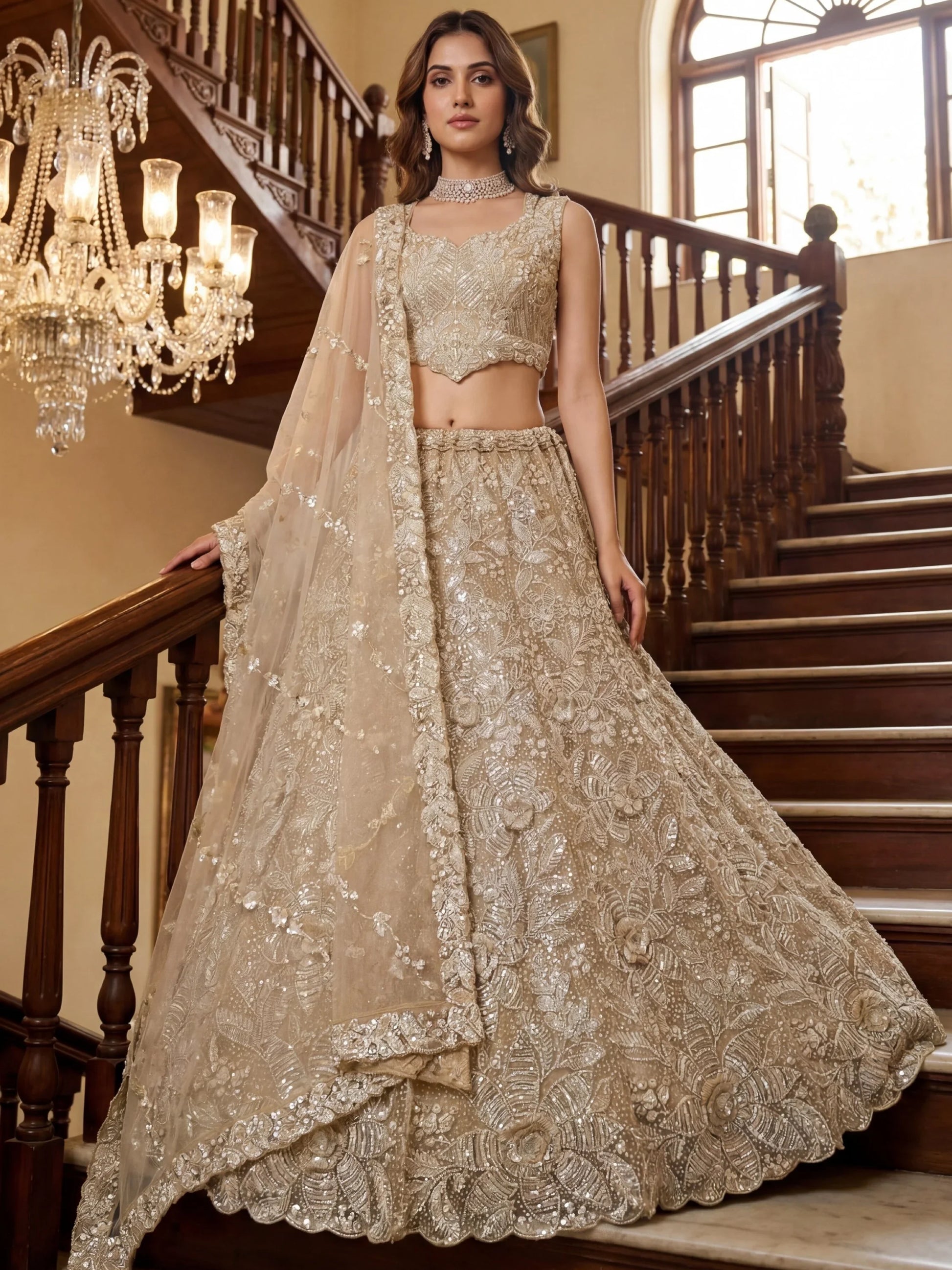 Phenomenal Cream Thread Embroidered Net Reception Wear Lehenga Choli