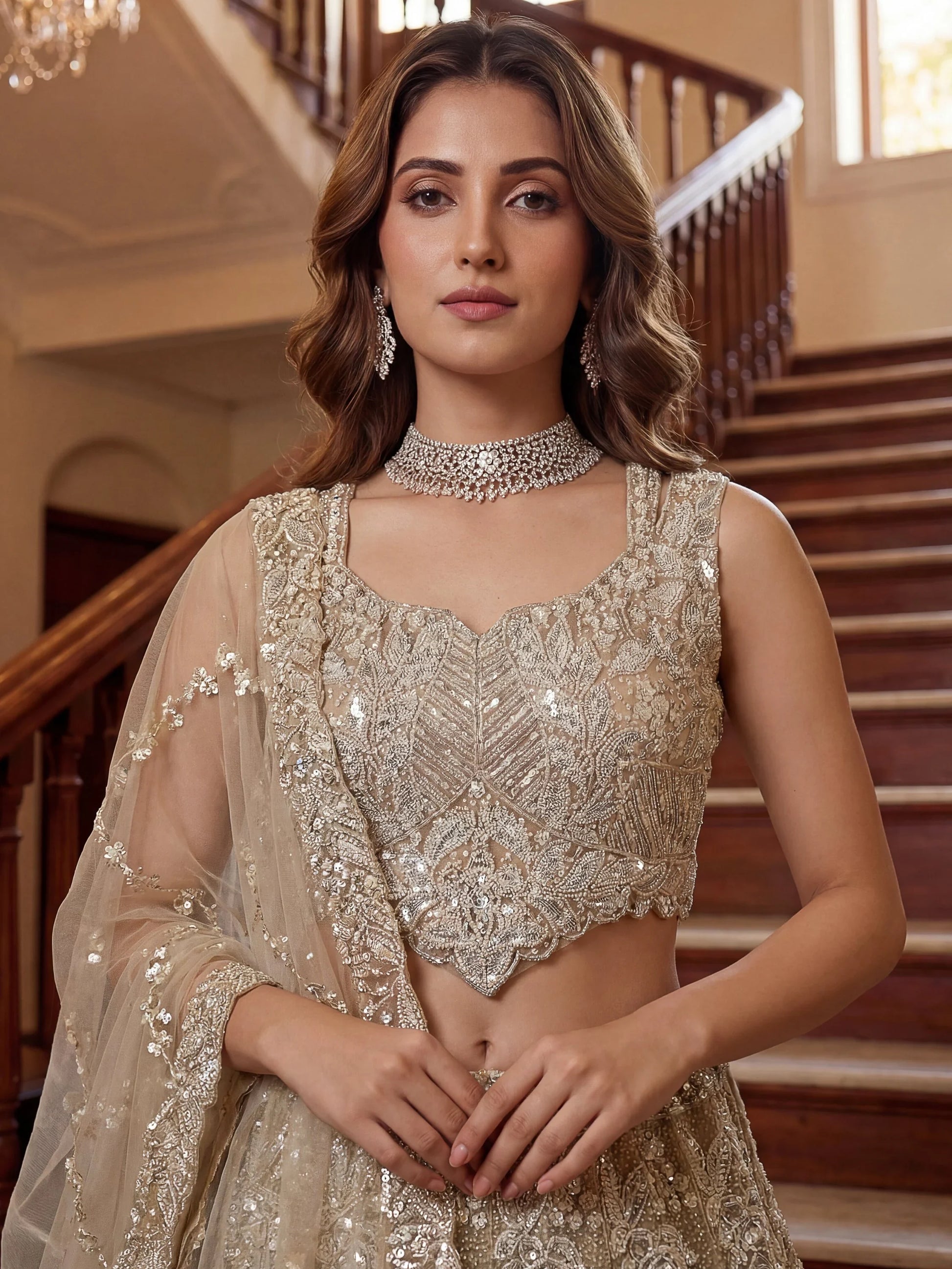 Phenomenal Cream Thread Embroidered Net Reception Wear Lehenga Choli