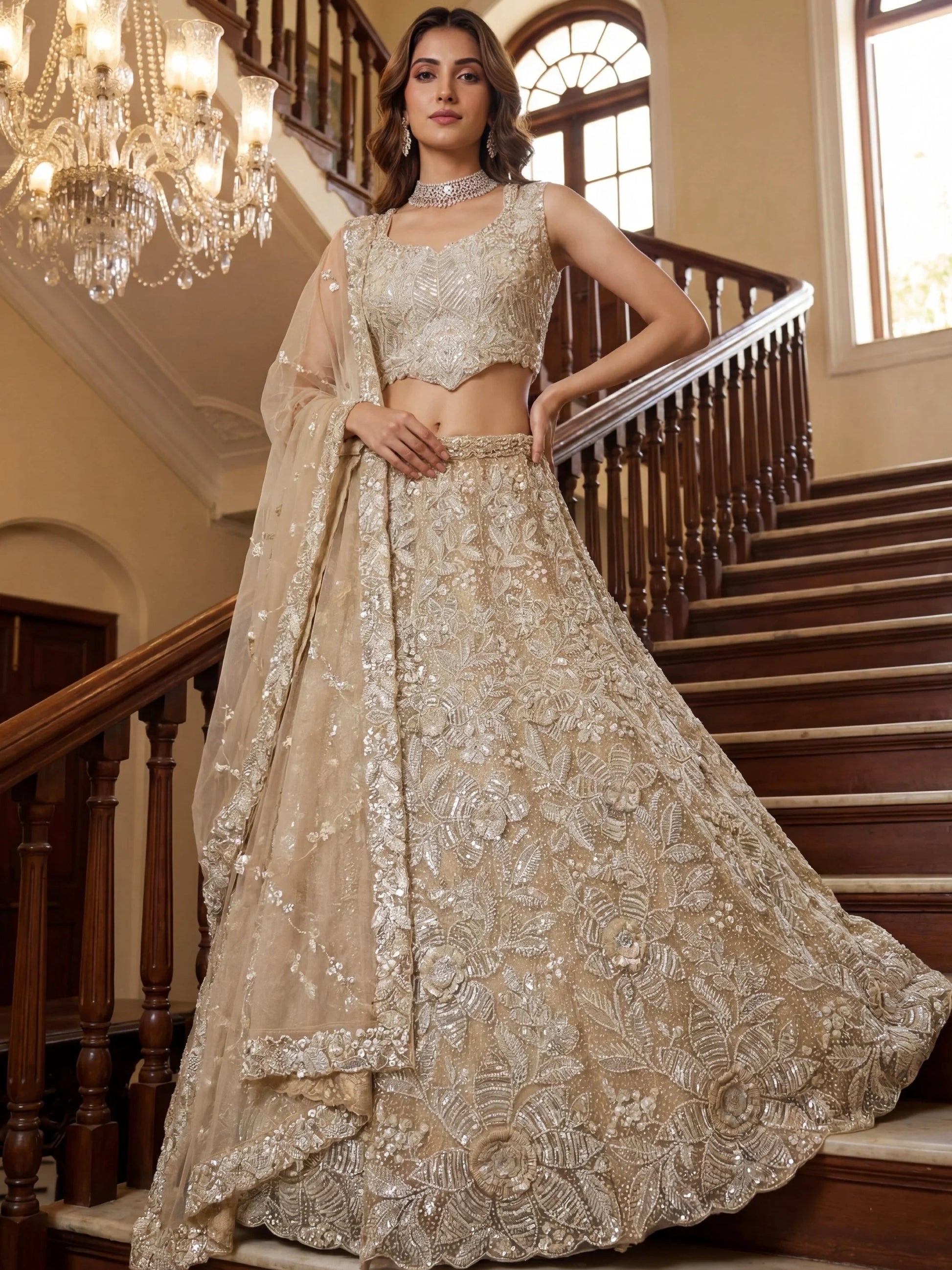Phenomenal Cream Thread Embroidered Net Reception Wear Lehenga Choli