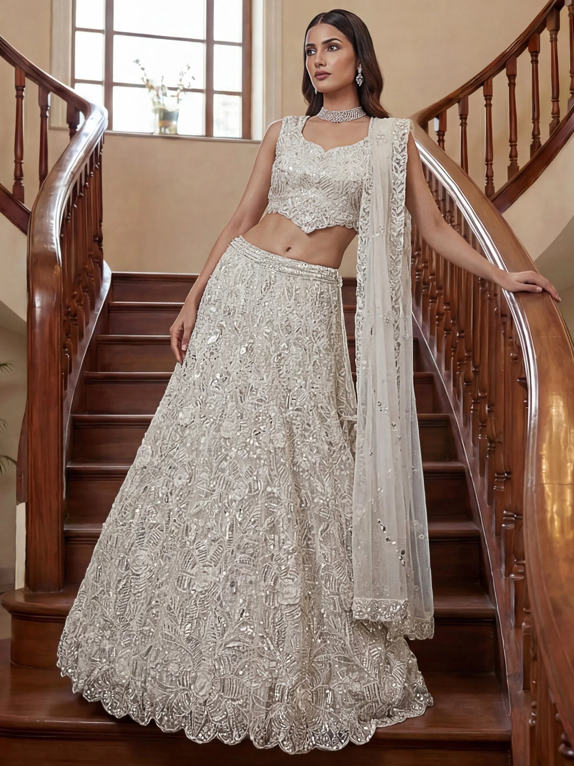 Timeless White Embroidered Net Wedding Wear Lehenga With Blouse