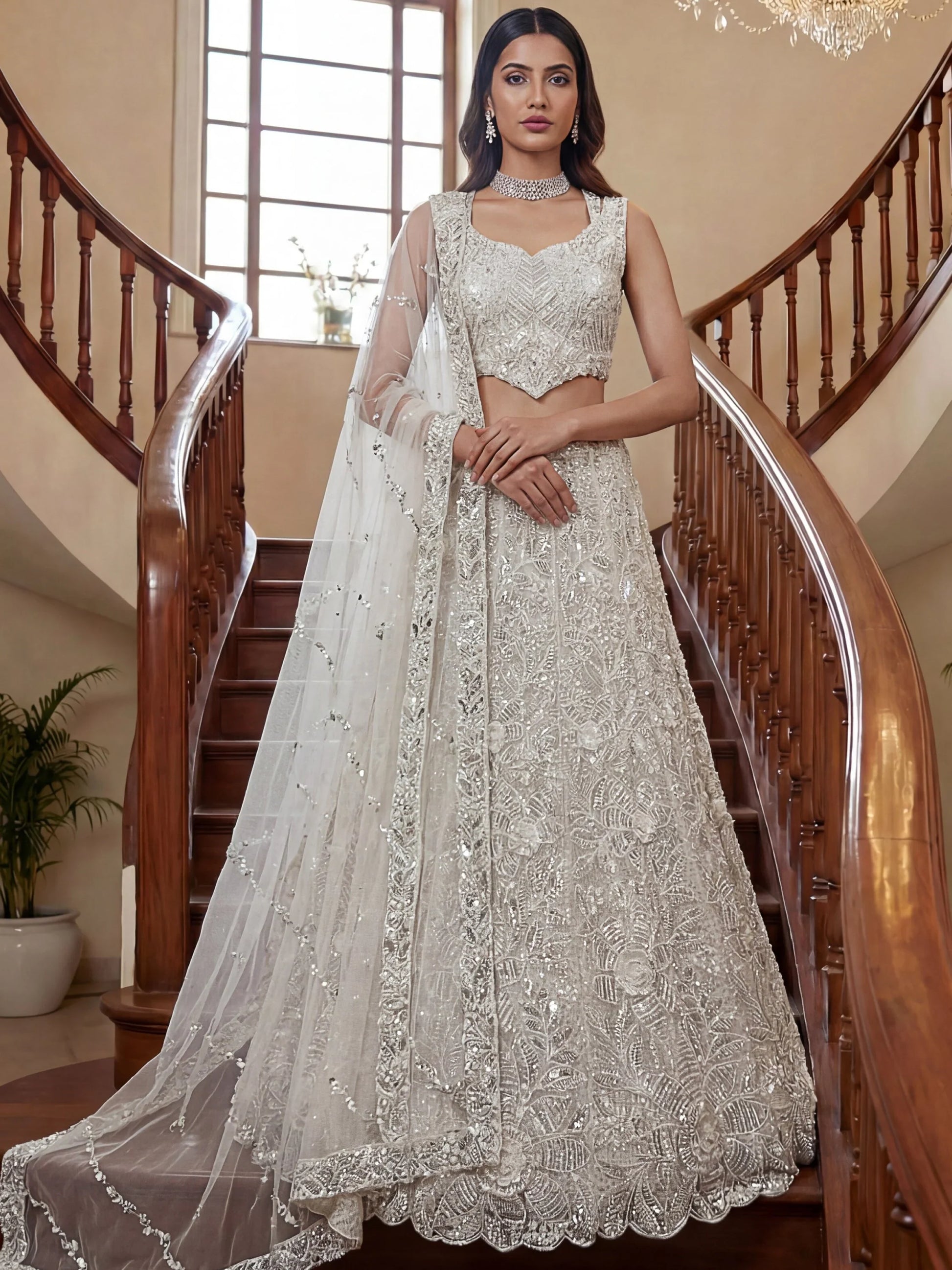 Timeless White Embroidered Net Wedding Wear Lehenga With Blouse