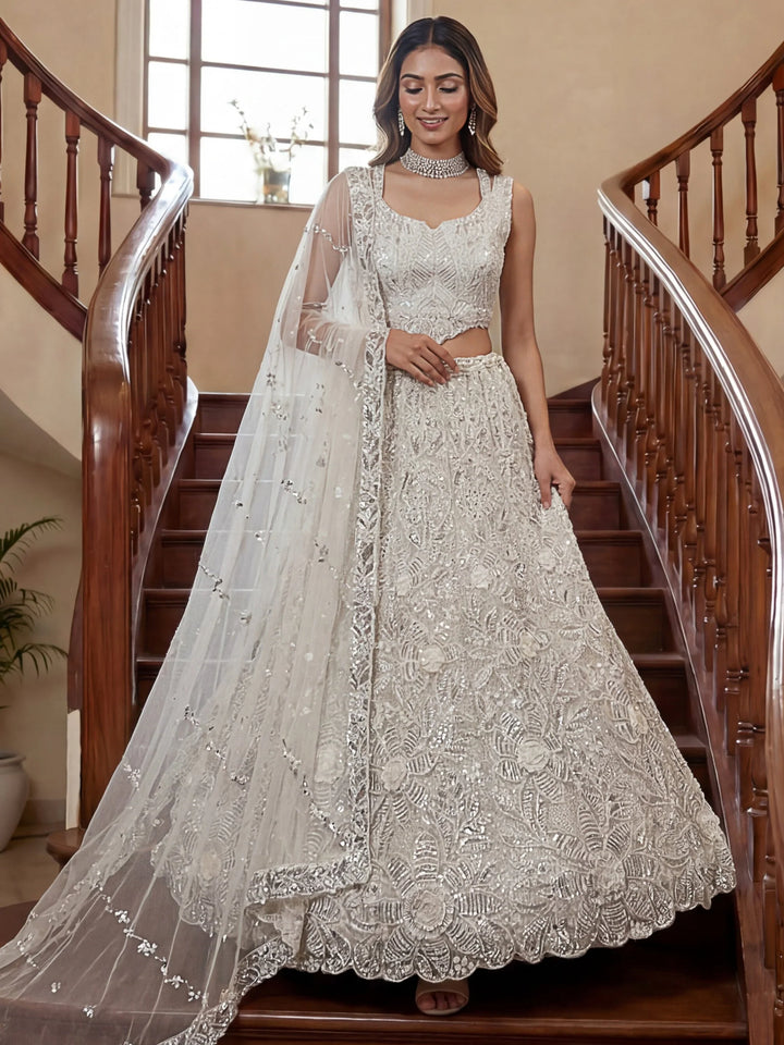 Timeless White Embroidered Net Wedding Wear Lehenga With Blouse