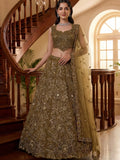 Stupendous Olive Green Sequins Net Reception Wear Lehenga Choli With Dupatta