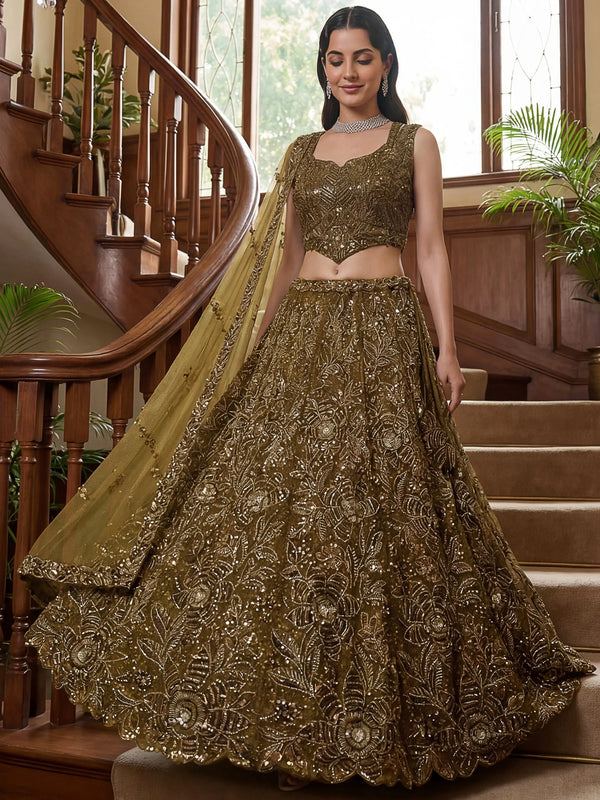 Stupendous Olive Green Sequins Net Reception Wear Lehenga Choli With Dupatta