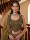Stupendous Olive Green Sequins Net Reception Wear Lehenga Choli With Dupatta