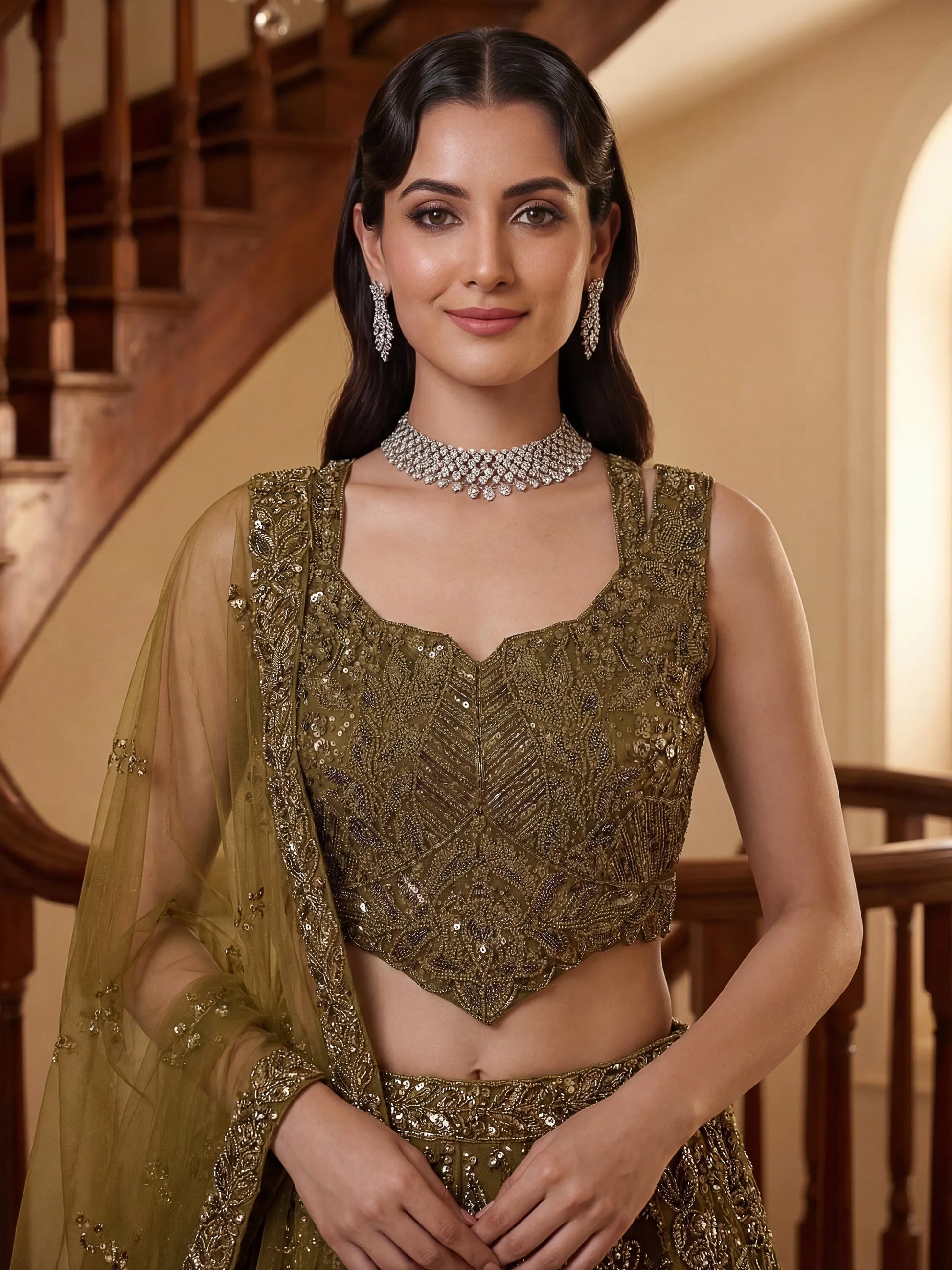 Stupendous Olive Green Sequins Net Reception Wear Lehenga Choli With Dupatta
