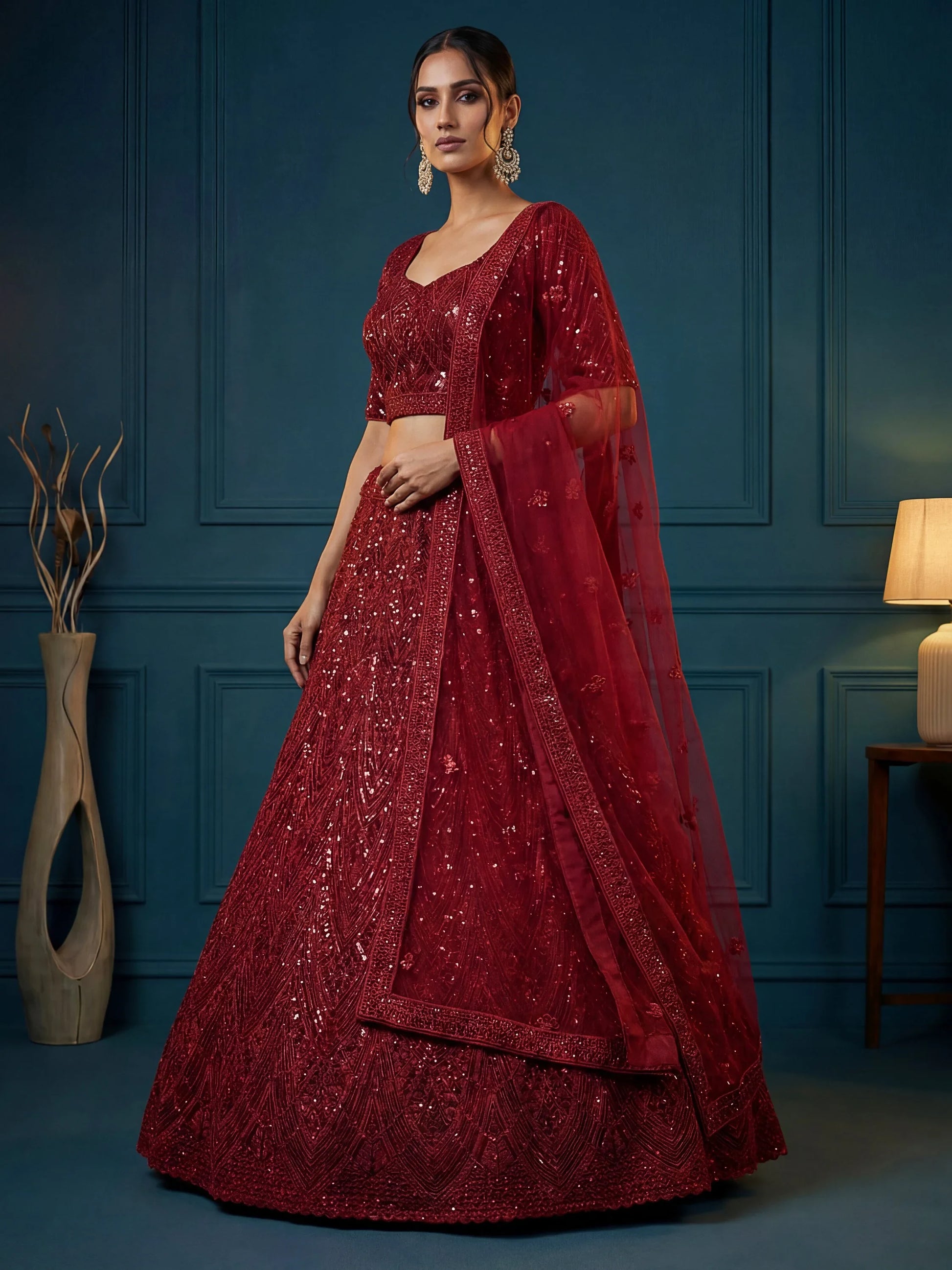 Glamours Maroon Sequins Net Bridal Lehenga Choli With Dupatta
