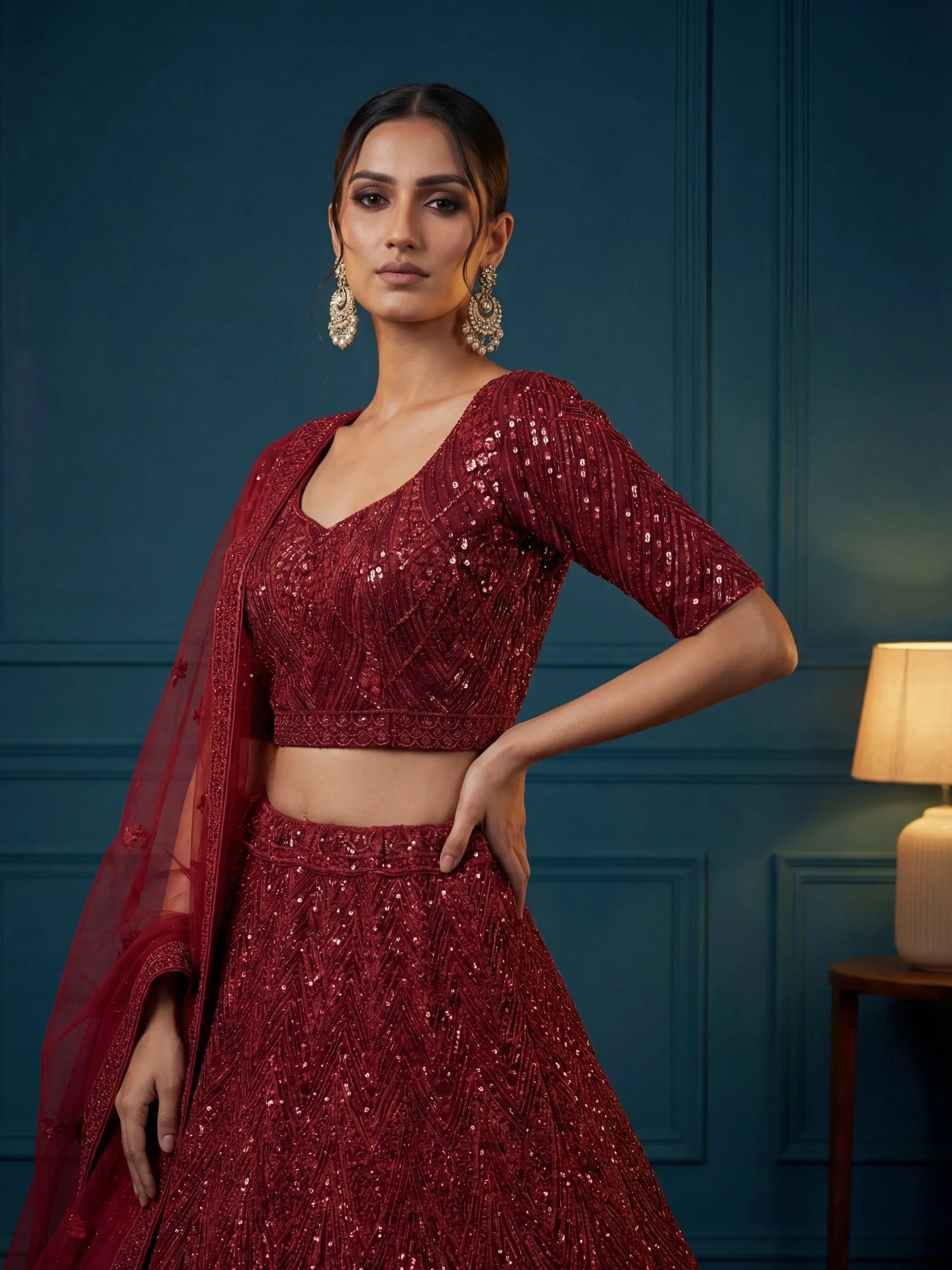 Glamours Maroon Sequins Net Bridal Lehenga Choli With Dupatta
