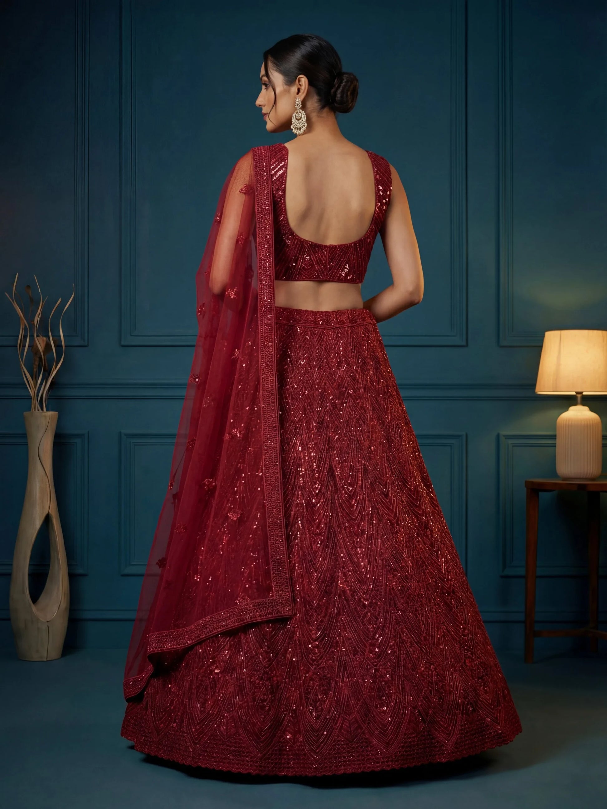 Glamours Maroon Sequins Net Bridal Lehenga Choli With Dupatta