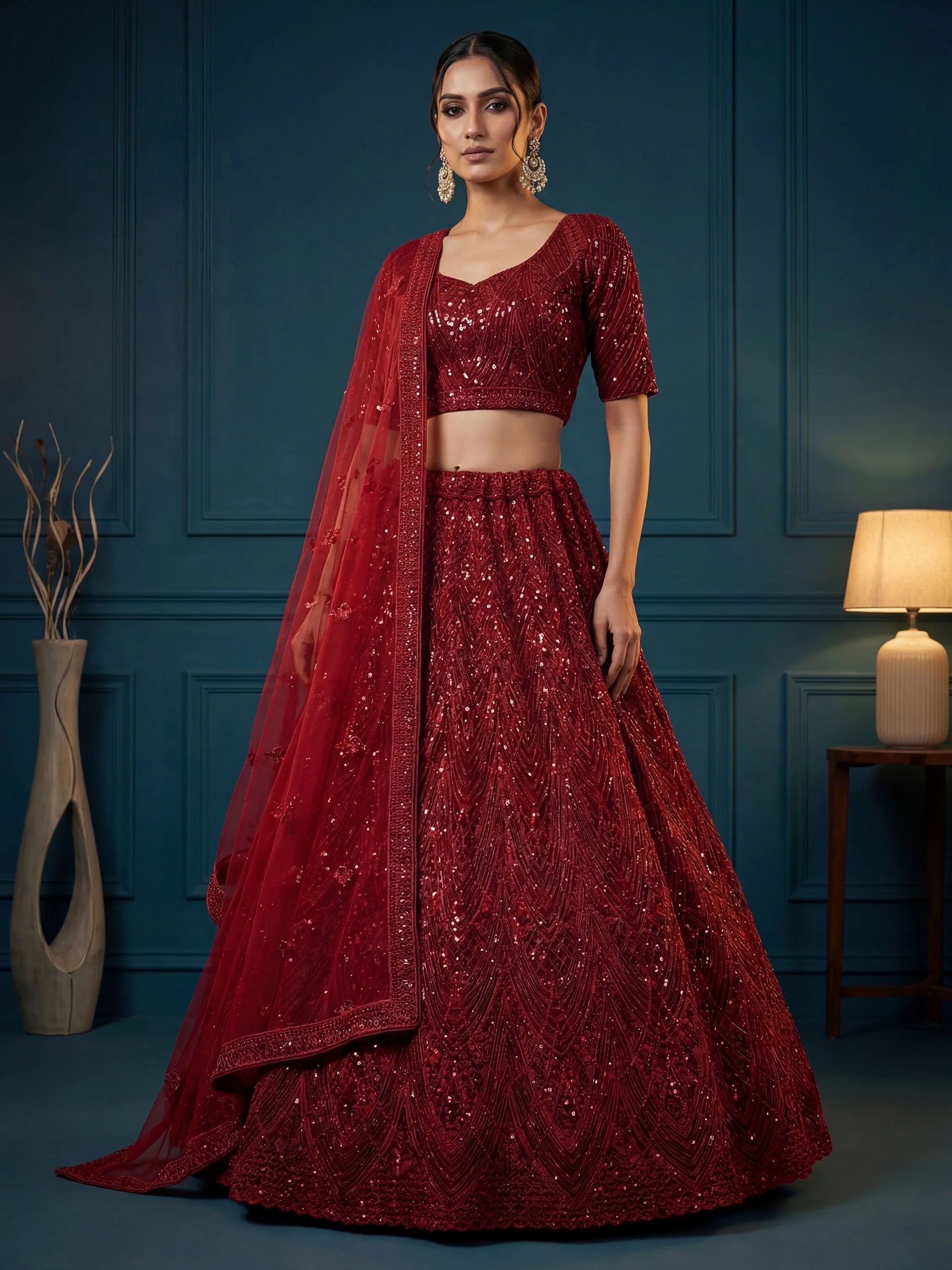 Glamours Maroon Sequins Net Bridal Lehenga Choli With Dupatta