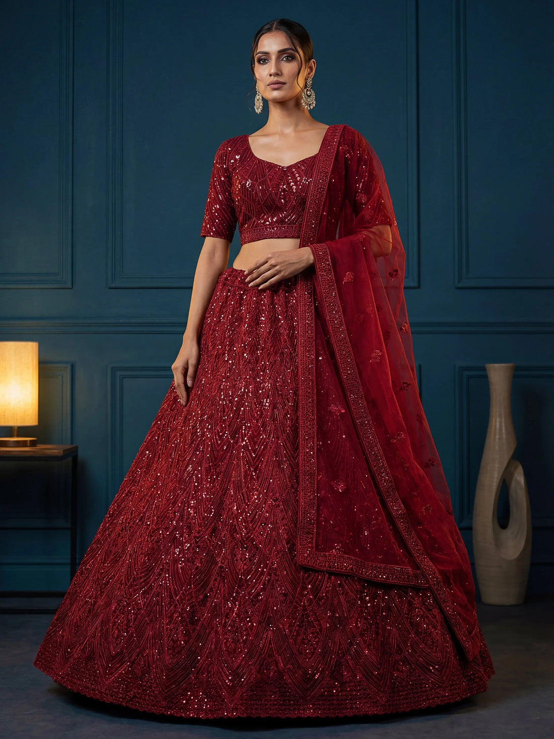 Glamours Maroon Sequins Net Bridal Lehenga Choli With Dupatta
