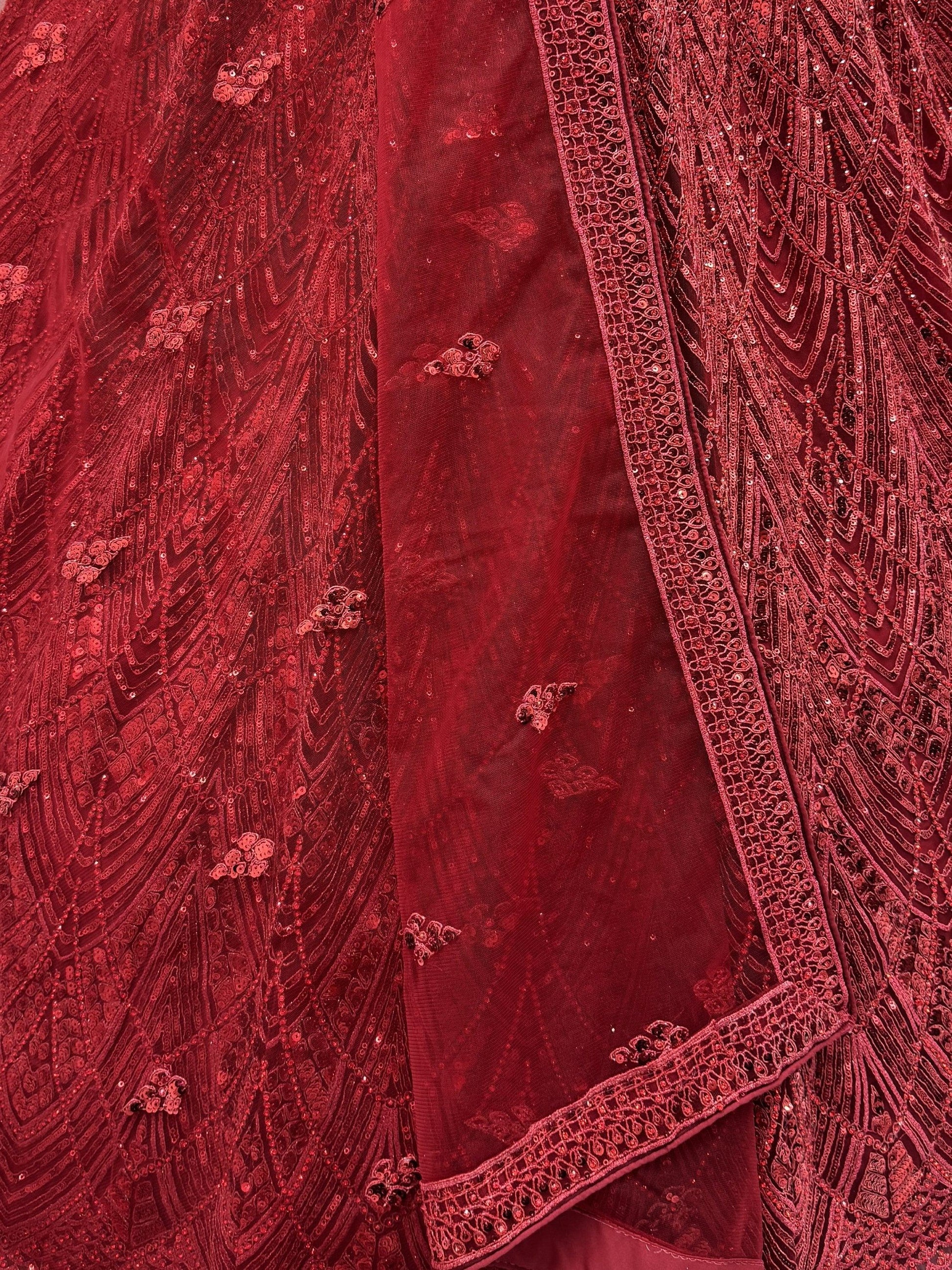 Glamours Maroon Sequins Net Bridal Lehenga Choli With Dupatta