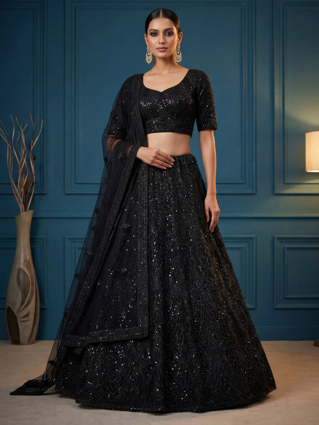 Monochrome Black Dori Embroidered Net Cocktail Wear Lehenga Choli