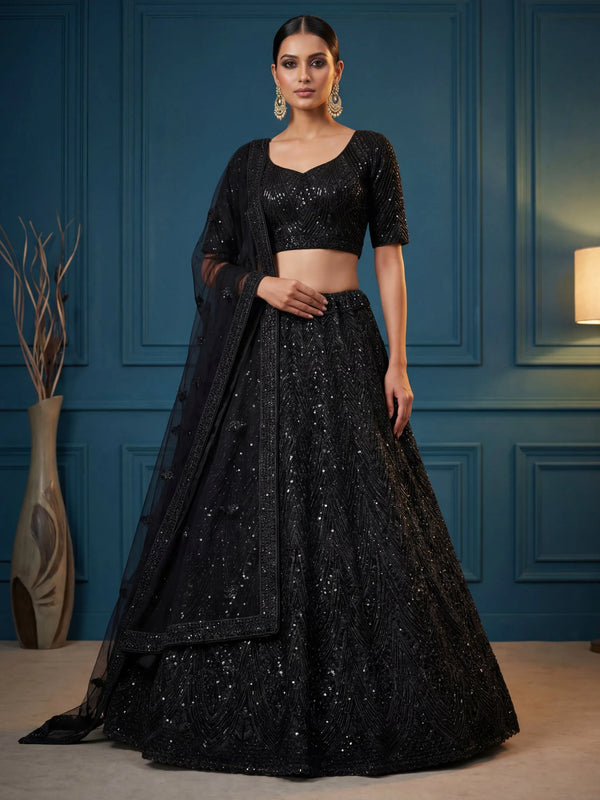 Monochrome Black Dori Embroidered Net Cocktail Wear Lehenga Choli
